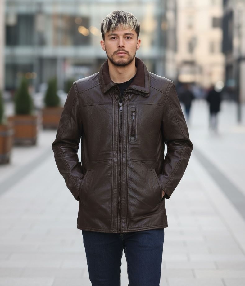 Men's Leather Motorcycle Jacket Classic Biker Coat