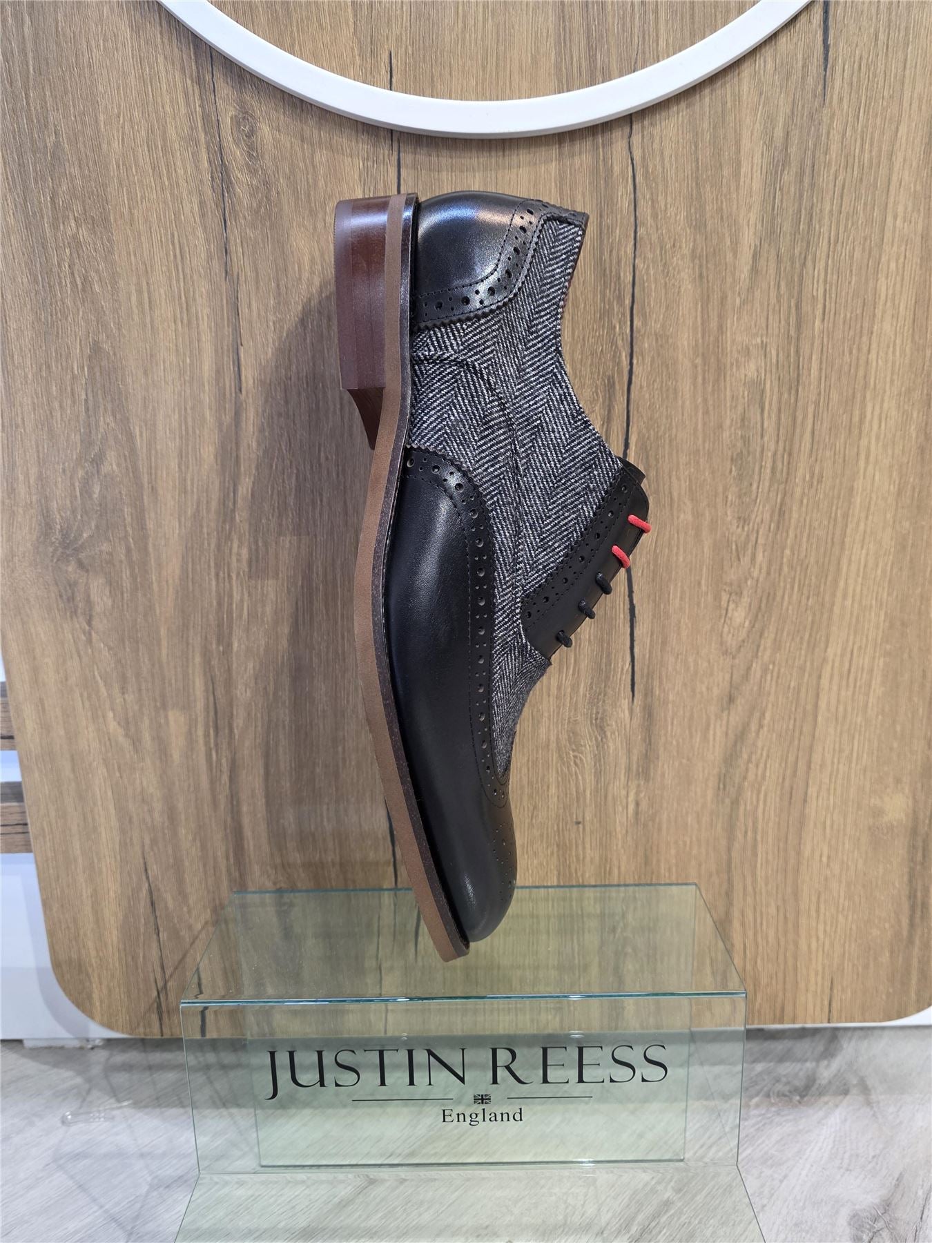 Albert - Men's Black Leather Tweed Detailing Brogue Shoes