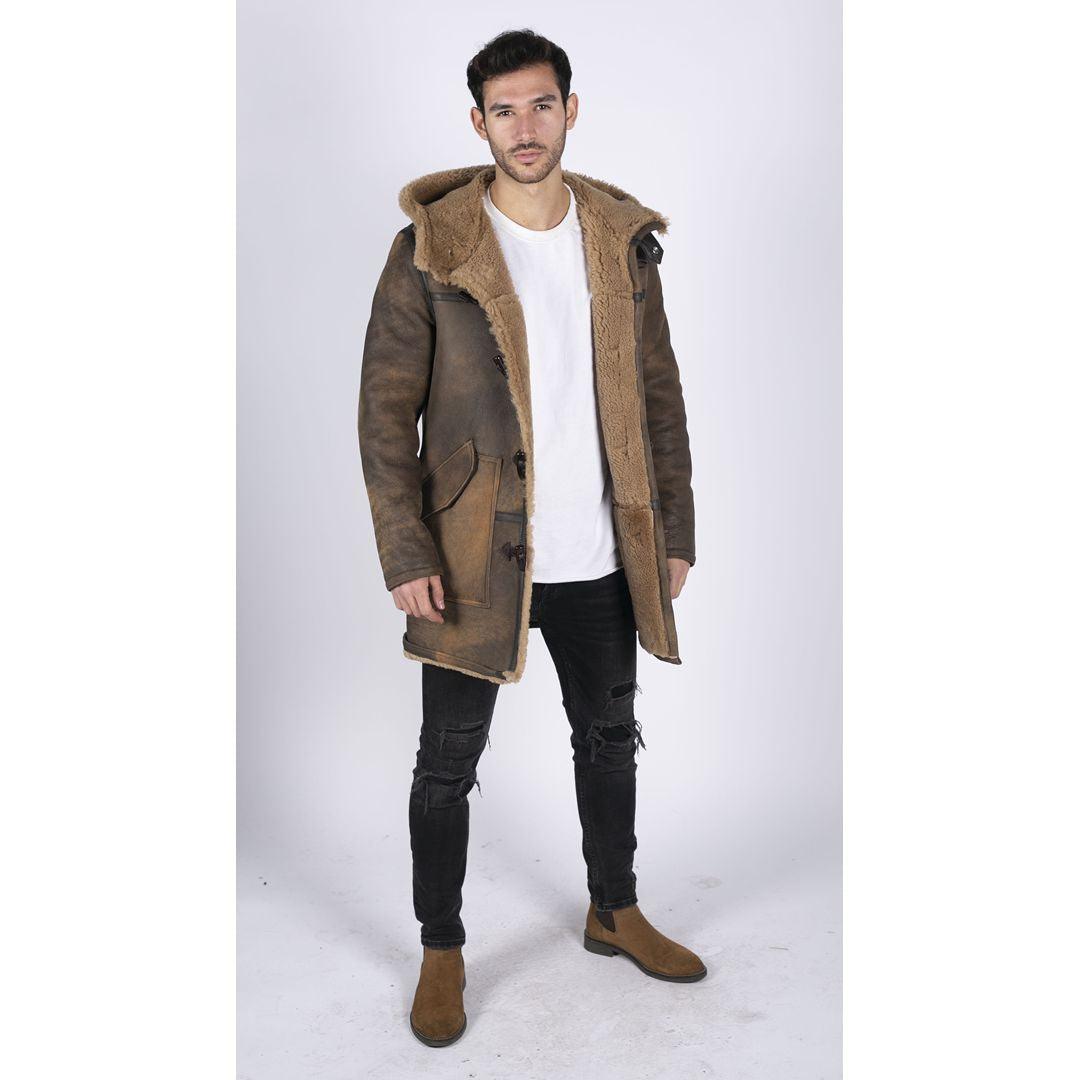 Mens Duffle 3/4 Coat Real Sheepskin Leather Jacket Toggle Classic Retro Brown - Knighthood Store