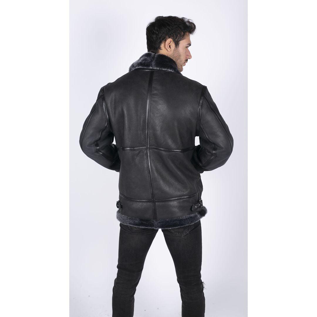 Mens Genuine Sheepskin Leather B3 Flying Aviator Jacket Black Grey Fur - Knighthood Store
