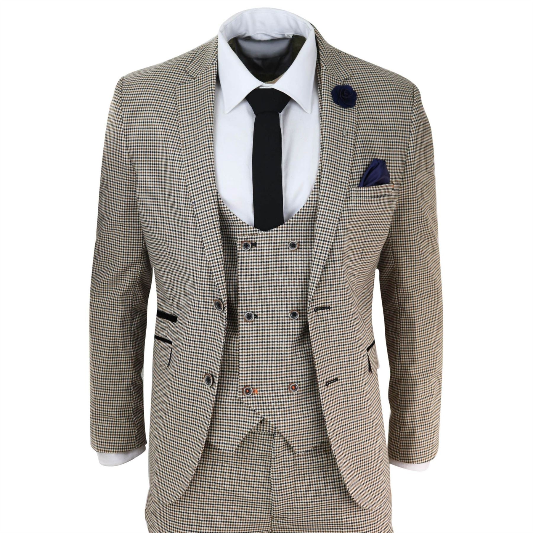 Mens Beige Navy Check Suit Vintage Classic Prince Of Wales Tailored Fit Wedding