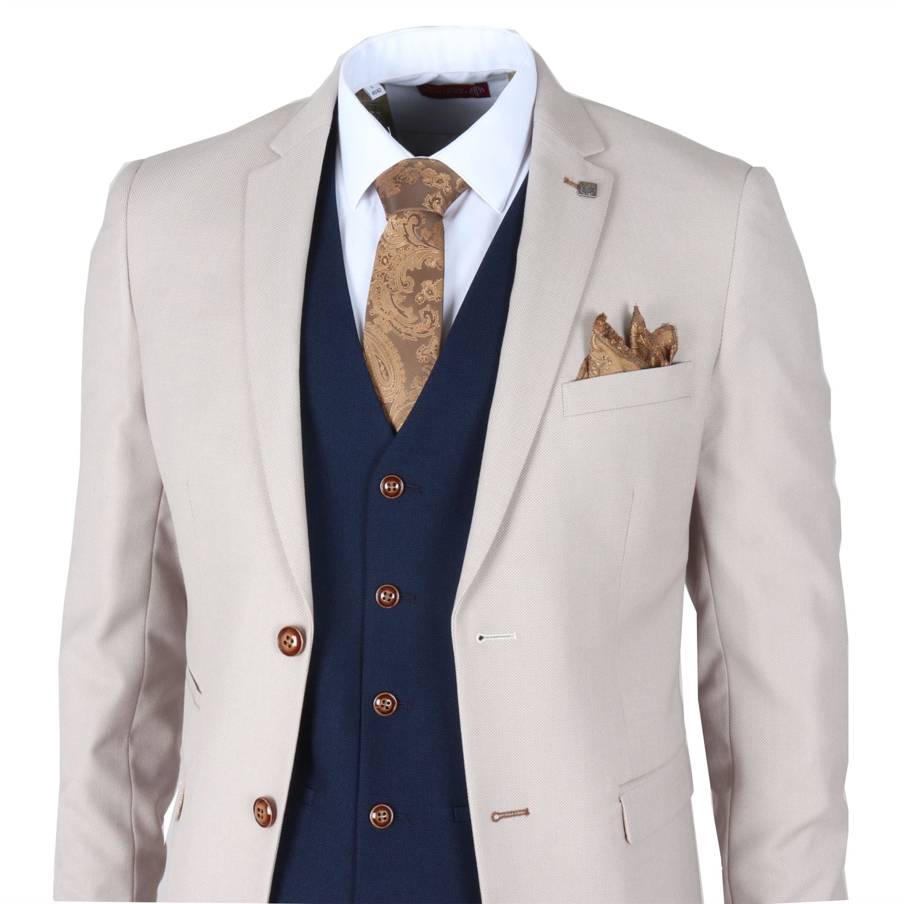Men's Suit Cream Navy 3 Piece Classic Birdseye Wedding Grooms