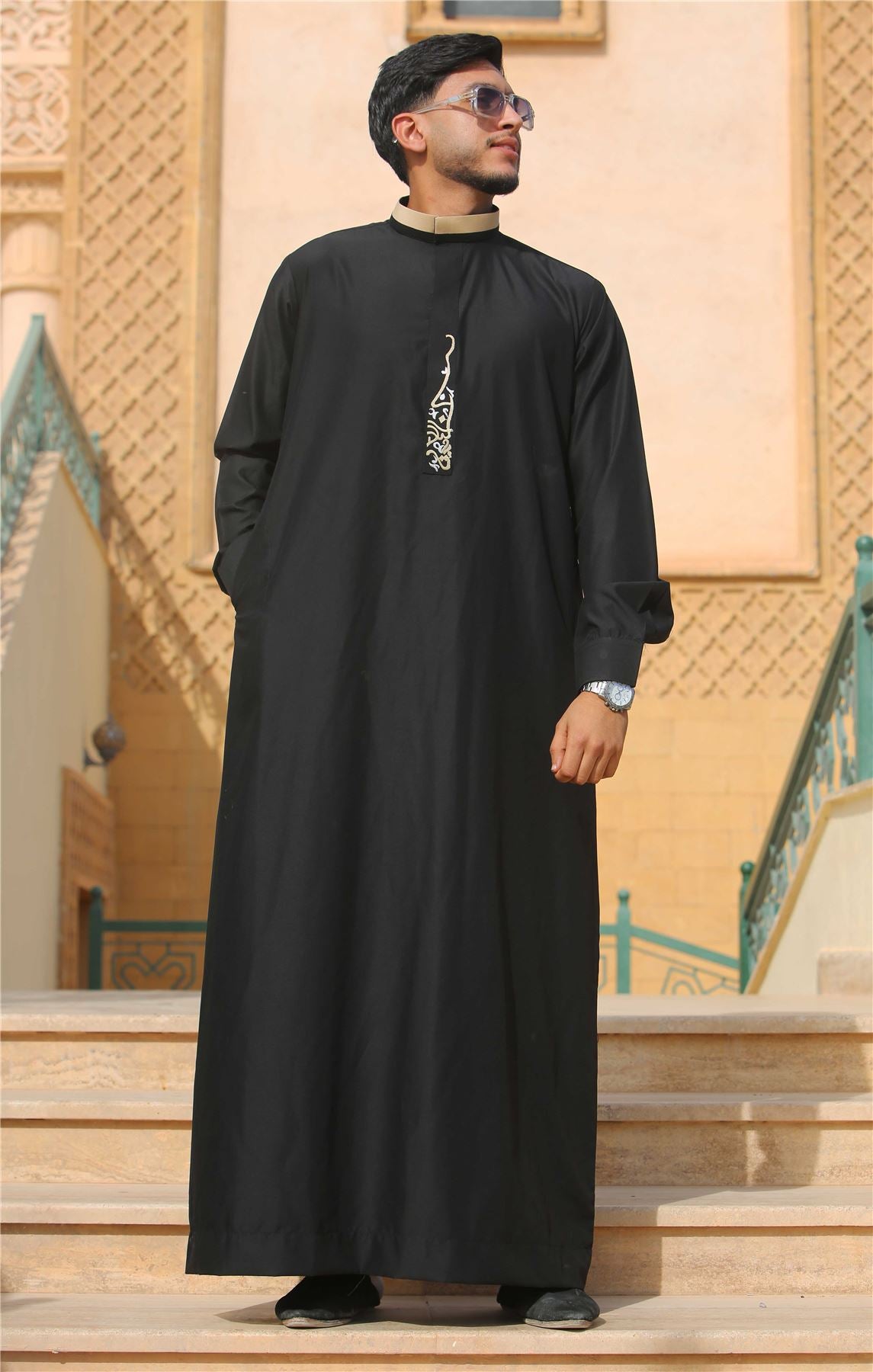 Men's Thobe Jubba Nehru Round Collar Islamic Clothing Muslim Kaftan Embroidery Eid Robe Saudi