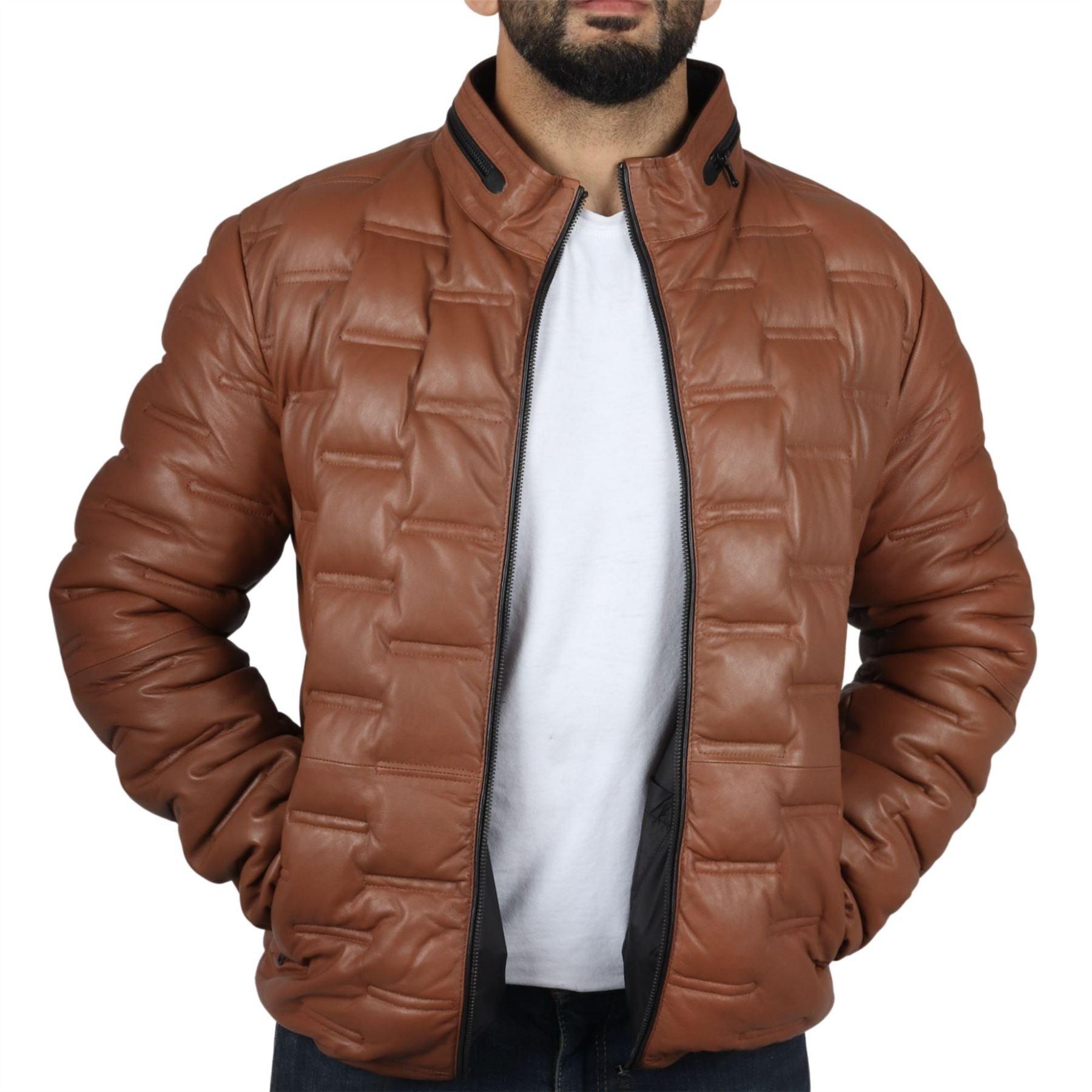 Men's Puffer Quilted Real Leather Jacket Casual Waist Length - Knighthood Store