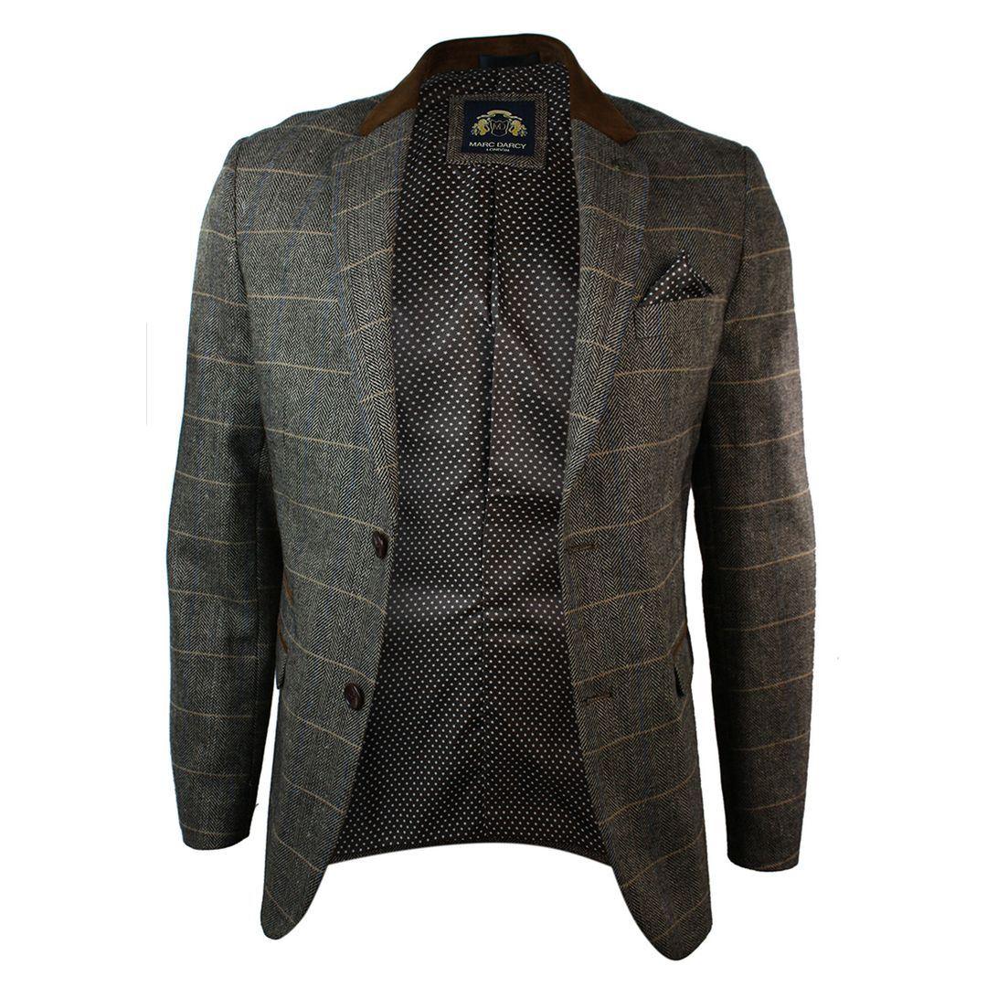 Mens Check Vintage Herringbone Tweed Tan Brown Blazer Jacket Fitted - Knighthood Store