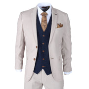 Men's Suit Cream Navy 3 Piece Classic Birdseye Wedding Grooms
