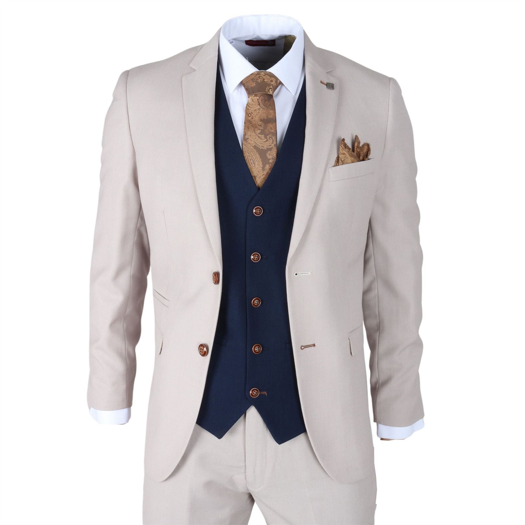 Men's Suit Cream Navy 3 Piece Classic Birdseye Wedding Grooms