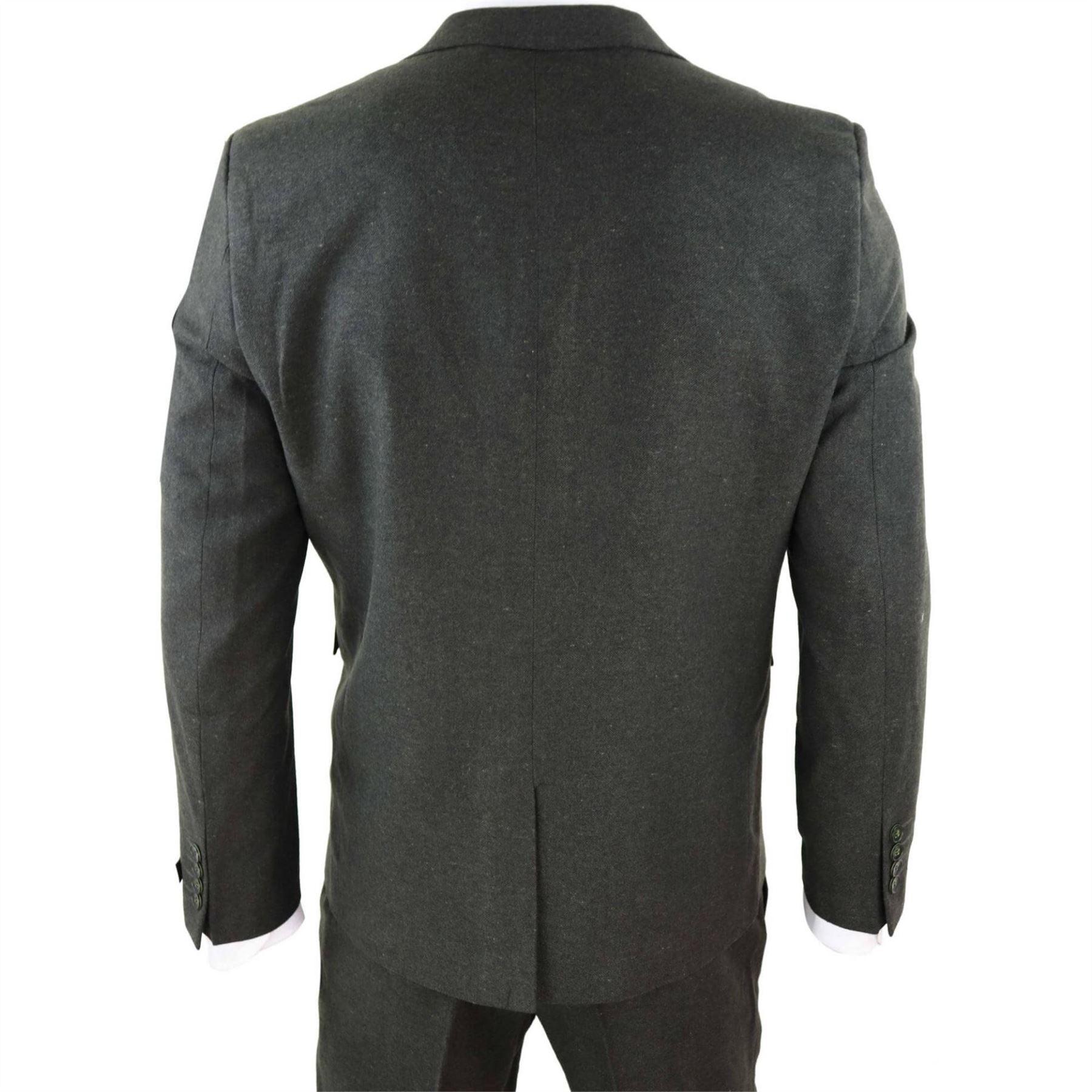 Mens Wool 3 Piece Suit Tweed Olive Green Black Tailored Fit Classic - Knighthood Store