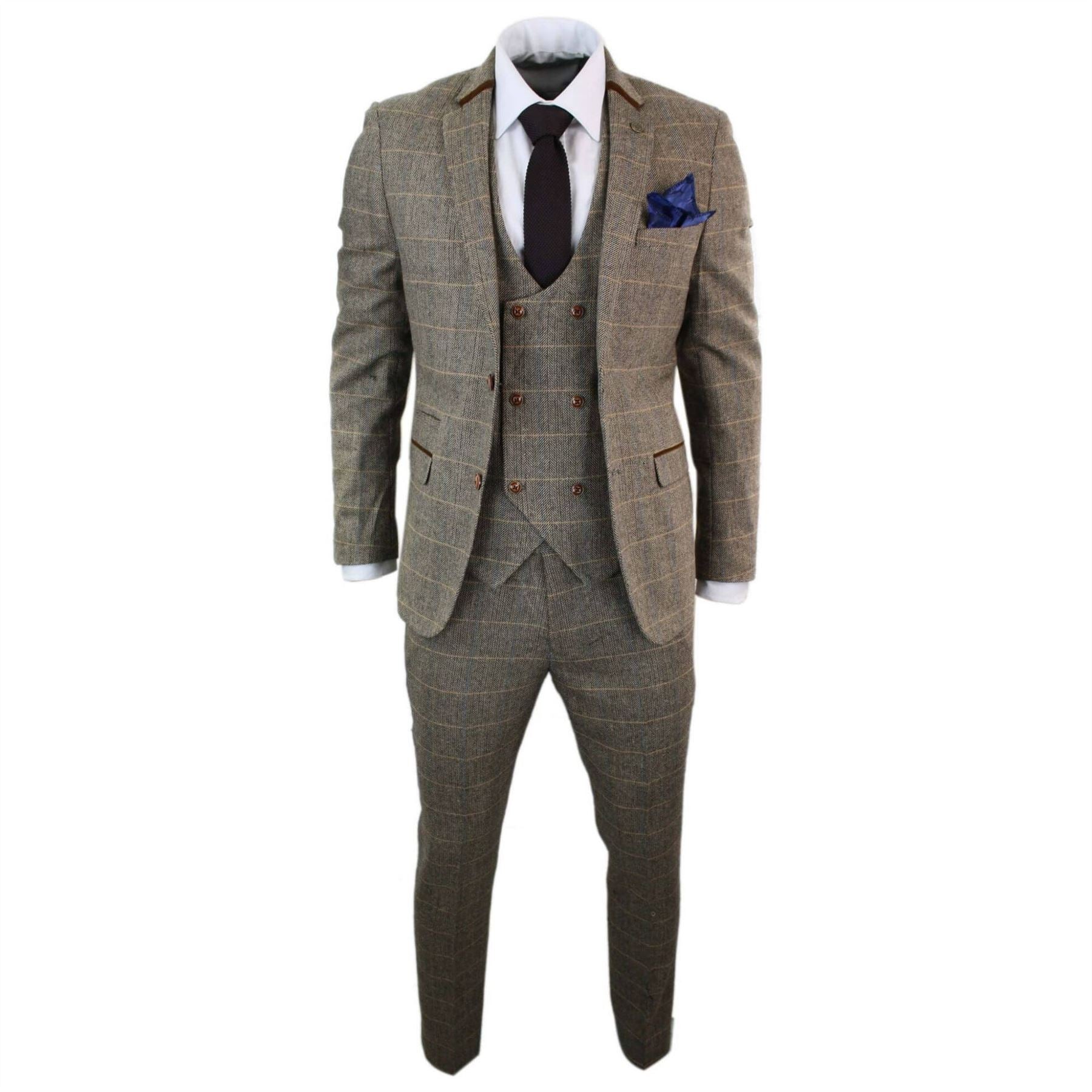 Mens 3 Piece Herringbone Tweed Tan Brown Check Suit Tailored Fit Double Classic