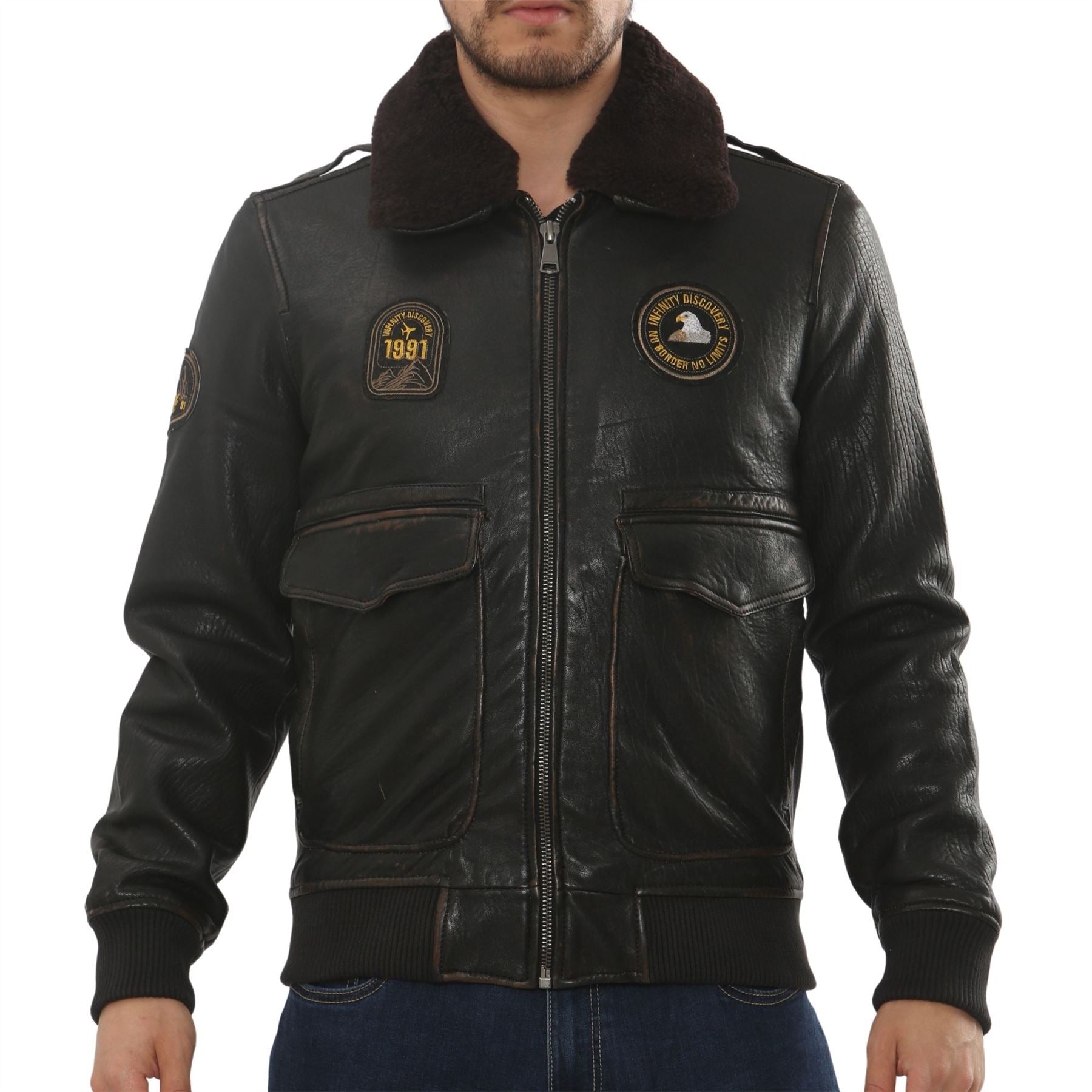 Men's Leather Bomber Jacket Fur Collar Aviator Coat