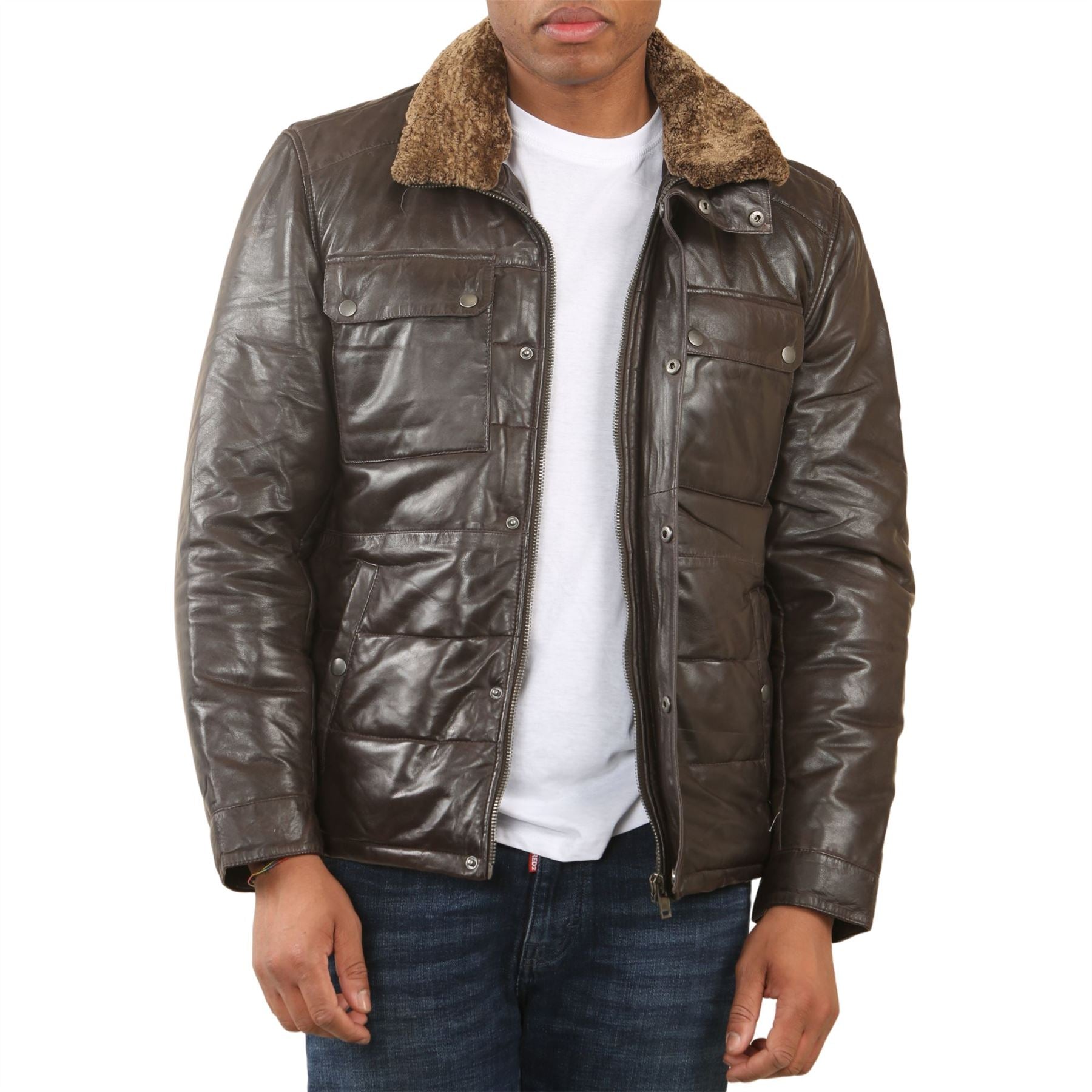 Men's Quilted Faux Fur Collar Leather Jacket