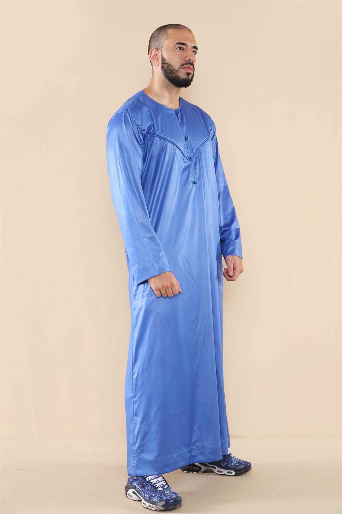 Mens Thobe Jubba Islamic Clothing Muslim Kaftan Emirati Omani Robe Satin Shiny