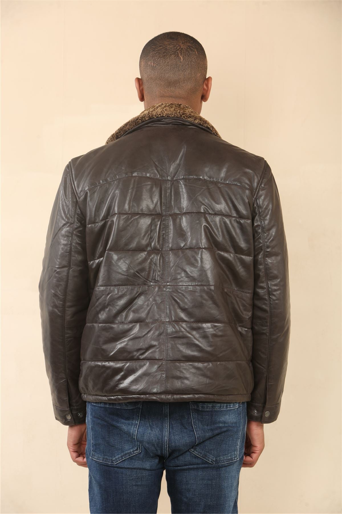 Men's Quilted Faux Fur Collar Leather Jacket