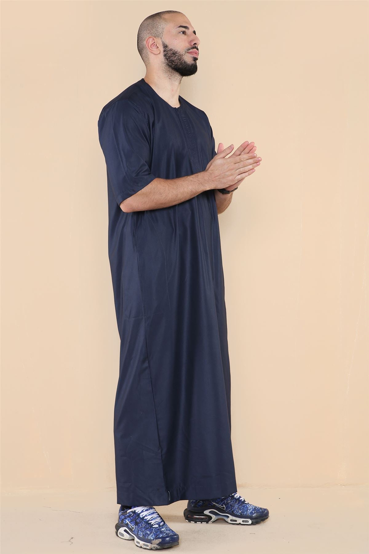 Mens Thobe Jubba Islamic Clothing Kaftan Half Sleeve Robe Moroccan Arab Zipped
