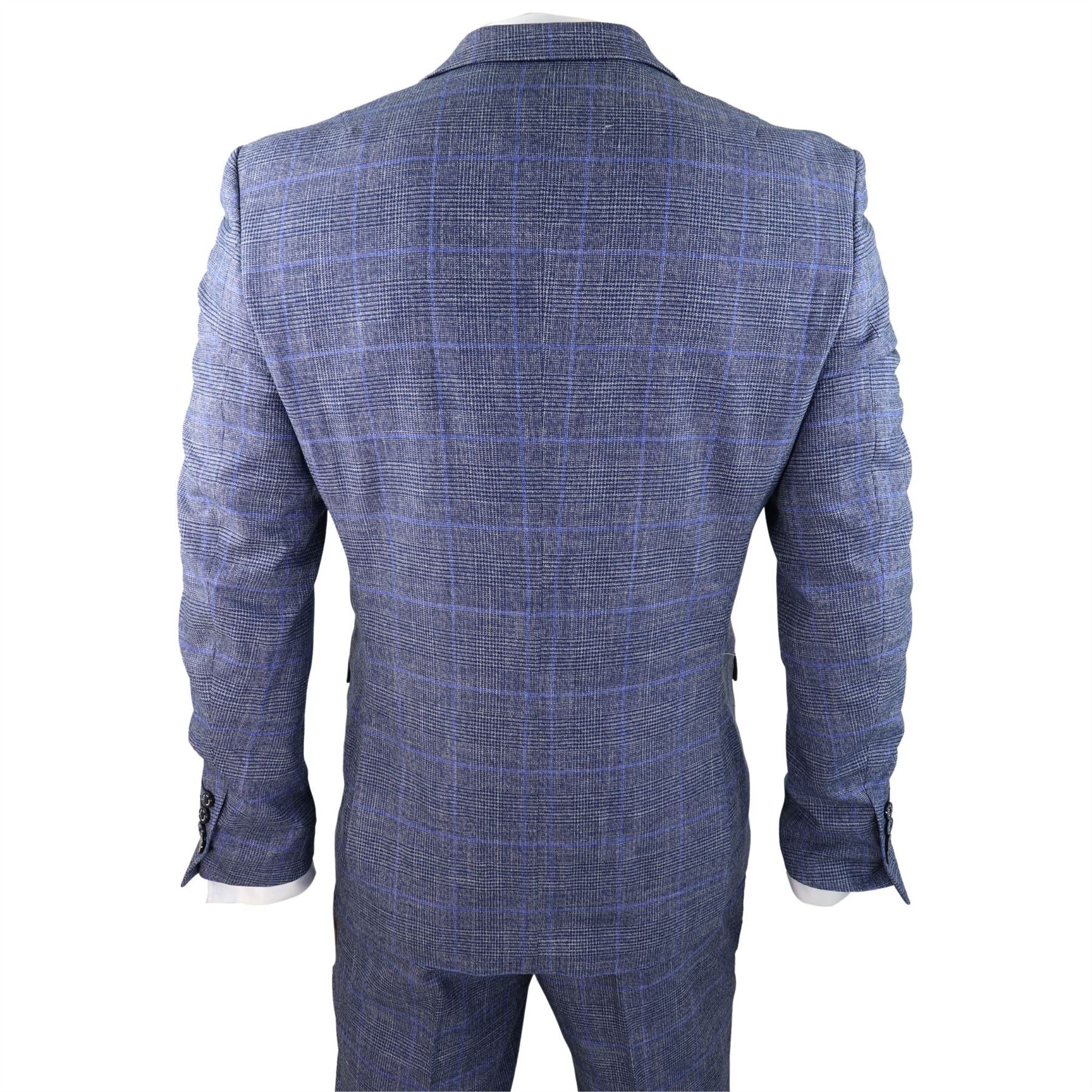 Mens 3 Piece Suit Blue Prince Of Wales Check Tailored Fit Summer Classic Vintage