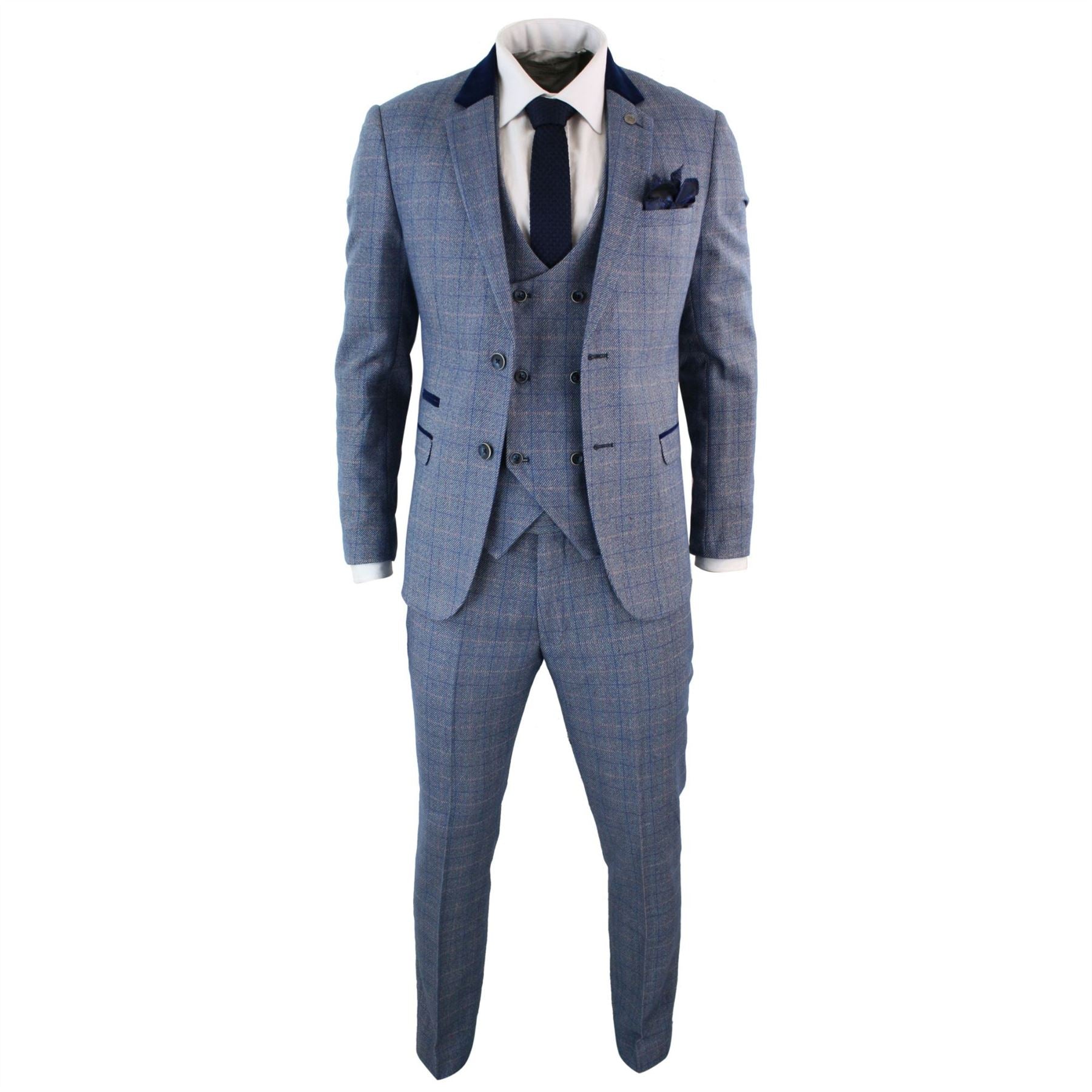 Mens Blue Check Marc Darcy 3 Piece Suit Double Breasted Waistcoat Elbow Patch