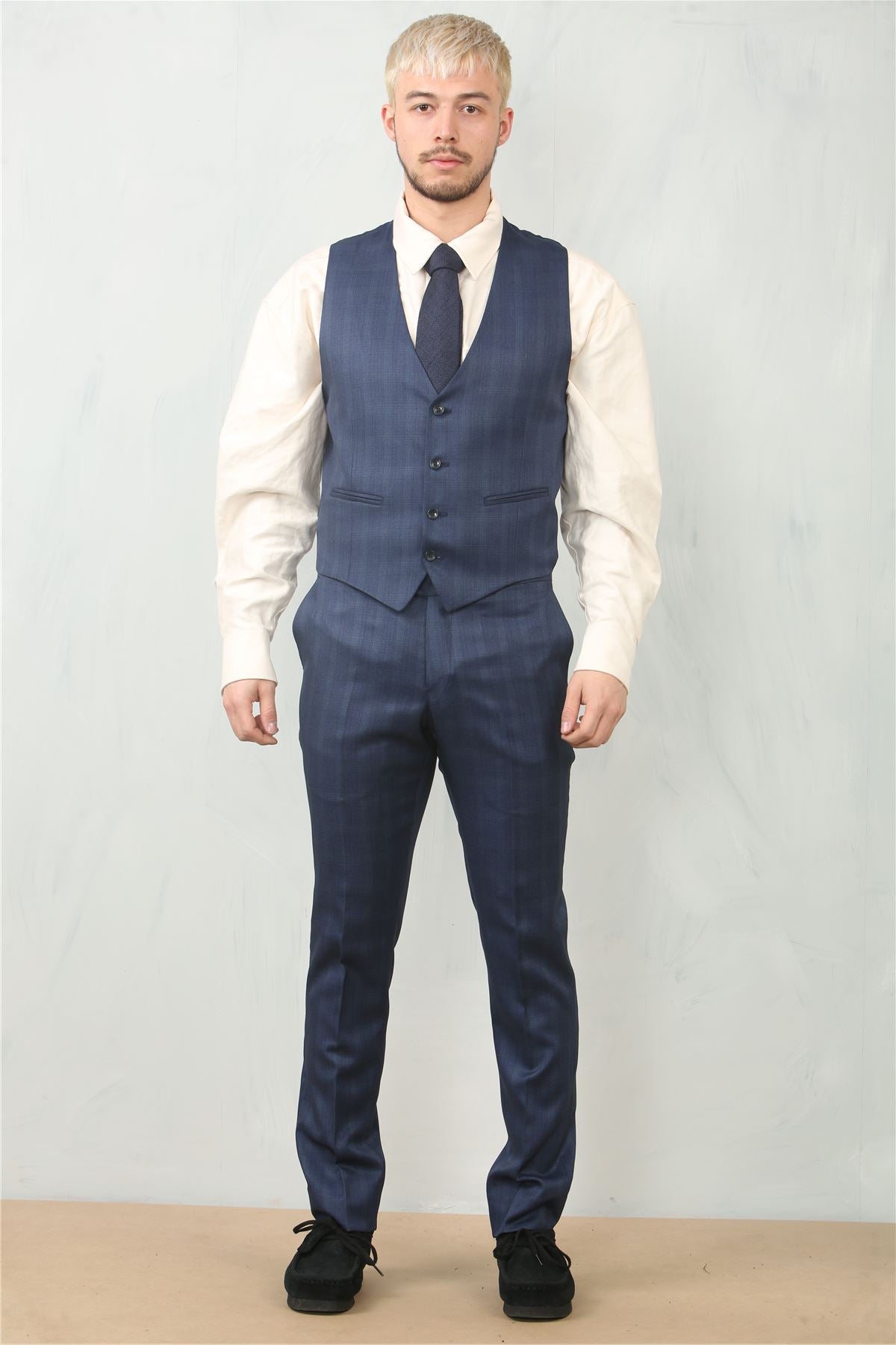 IM31 - Men's Blue 3 Piece Prince Of Wales Check Suit