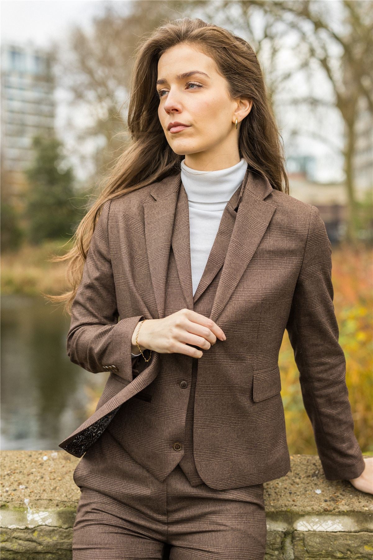 Women's Suit 3 Piece Brown Prince Of Wales Check Tailored Fit Business Formal Ladies Dress