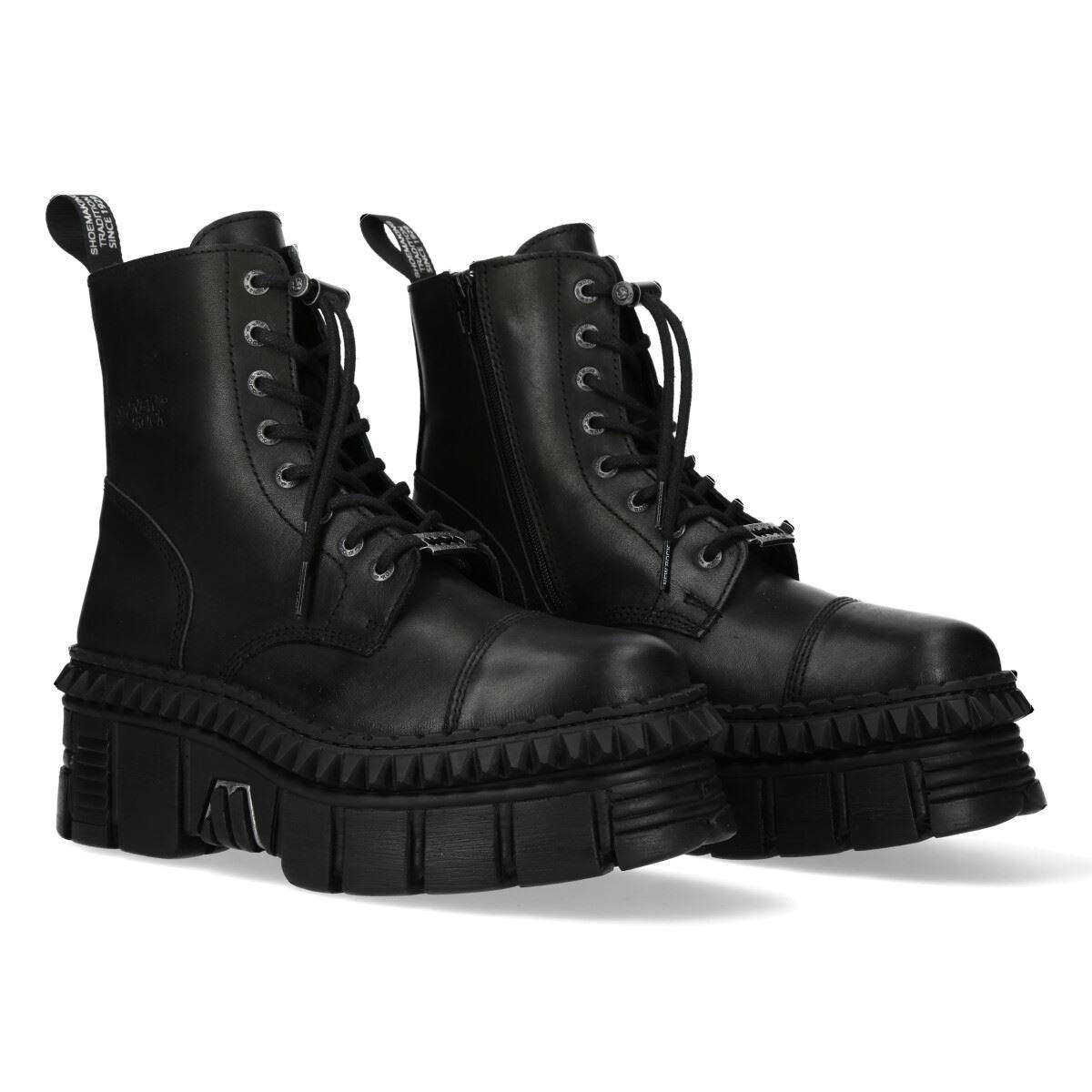 New Rock Boots Punk WALL083CCT-S6 Metallic Black Leather Platform Ankle Shoes - Knighthood Store