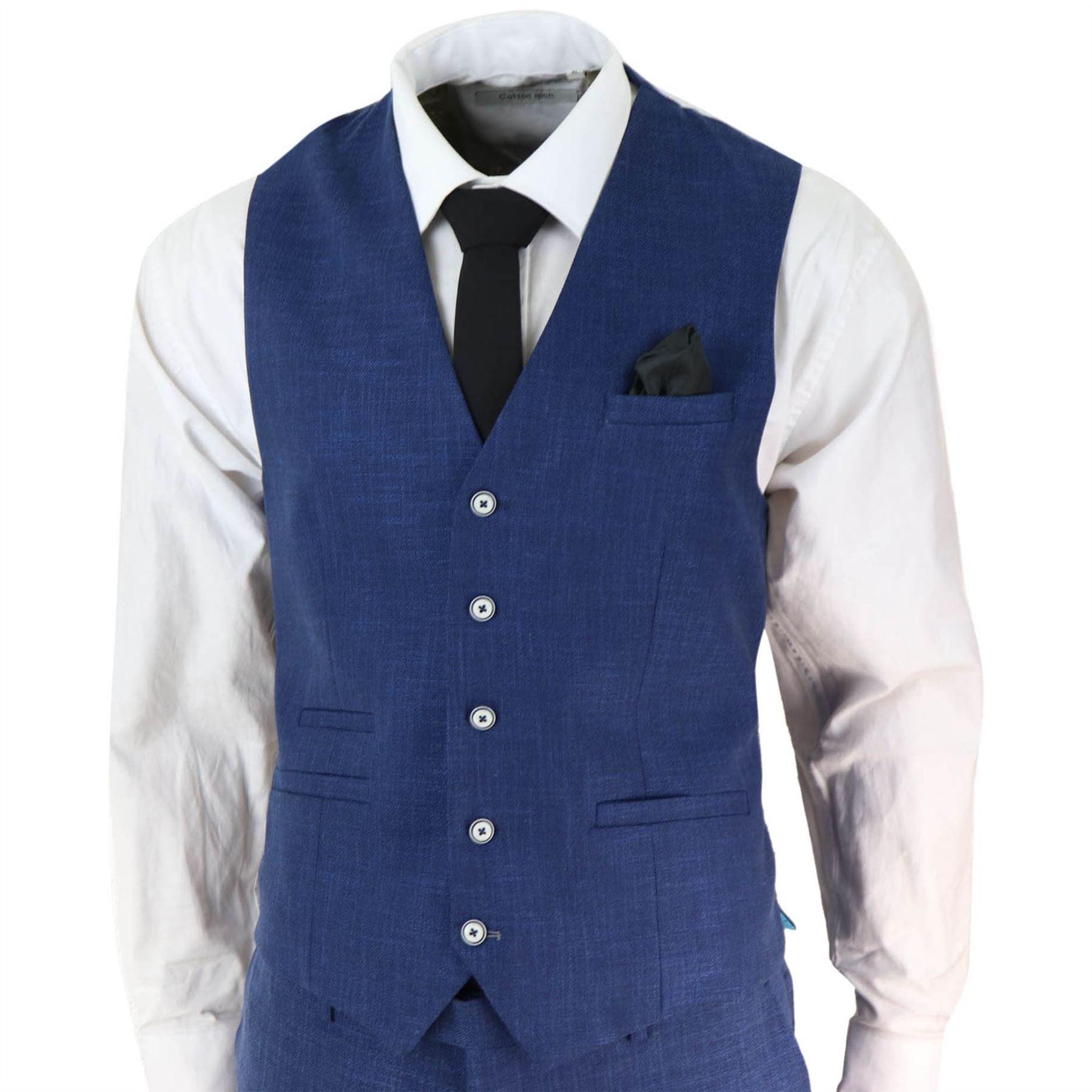 Mens 3 Piece Suit Blue Summer Linen Tailored Fit Wedding Prom Classic - Knighthood Store