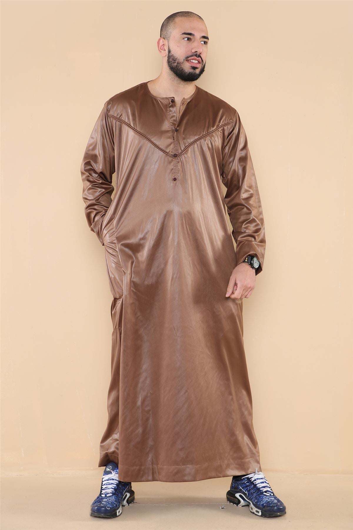 Mens Thobe Jubba Islamic Clothing Muslim Kaftan Emirati Omani Robe Satin Shiny