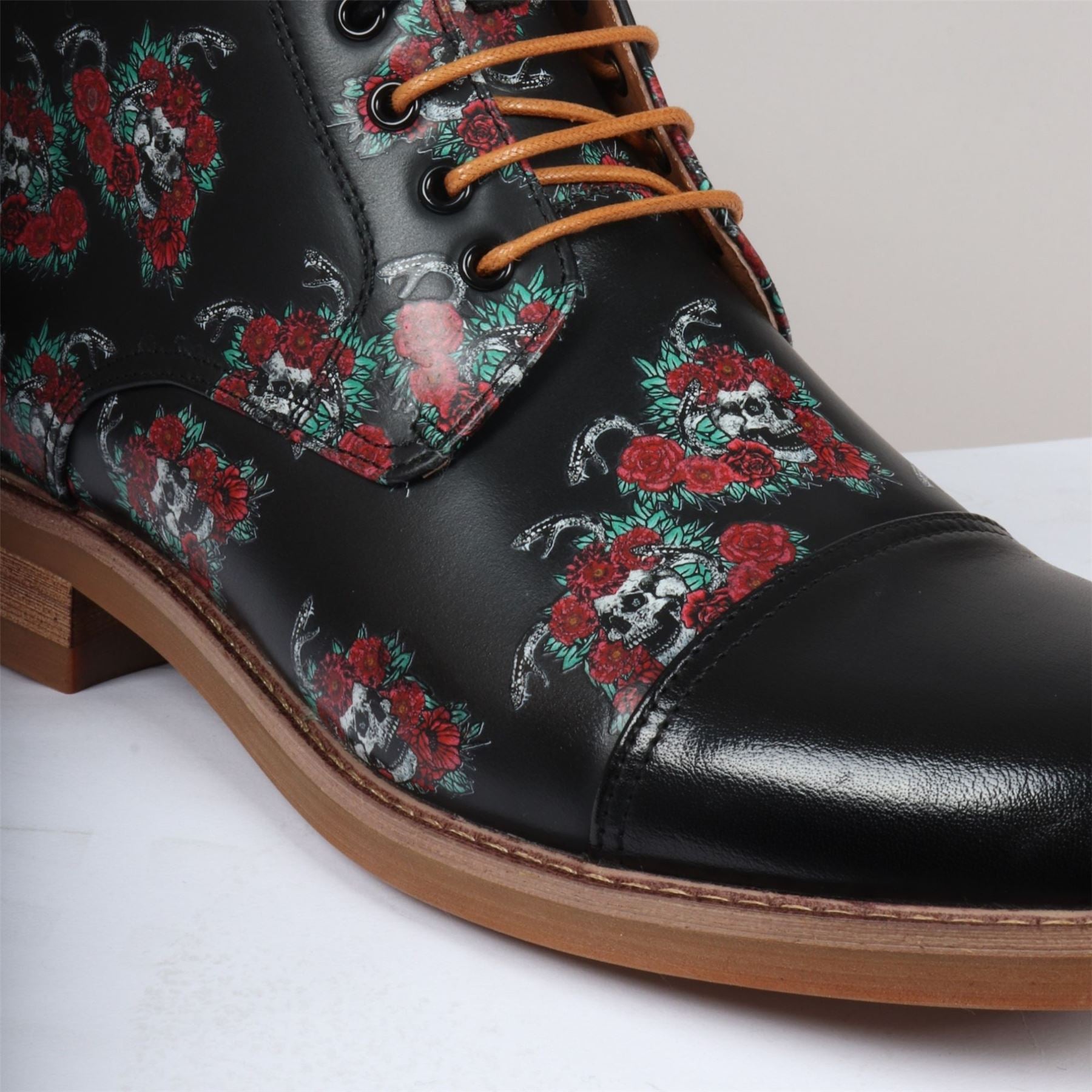 Men's Boot Black Oxford Floral Skull Print Lace Up Leather Dress Ankle Boots