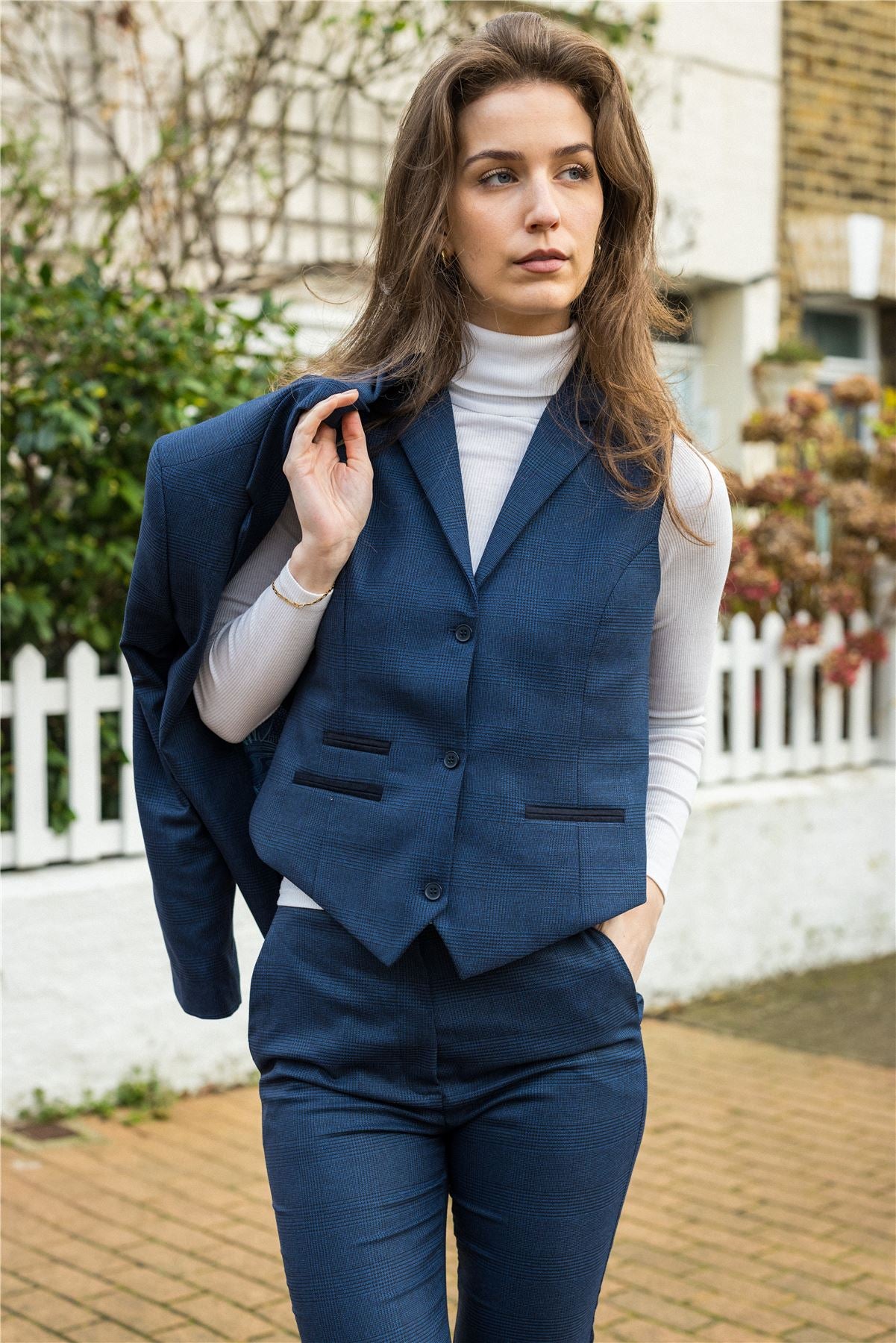 Women's Suit 3 Piece Navy Blue Prince Of Wales Check Tailored Fit Business Formal Ladies Dress