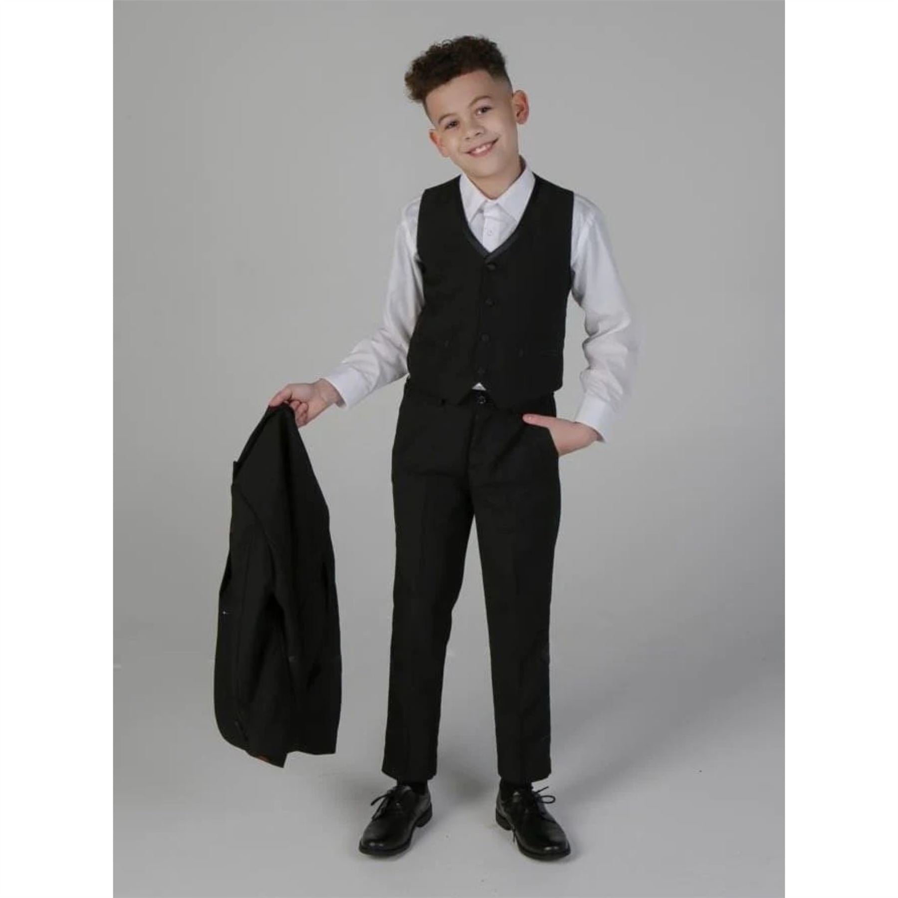 Boys 3 Piece Black Classic Satin Tuxedo Dinner Suit Wedding