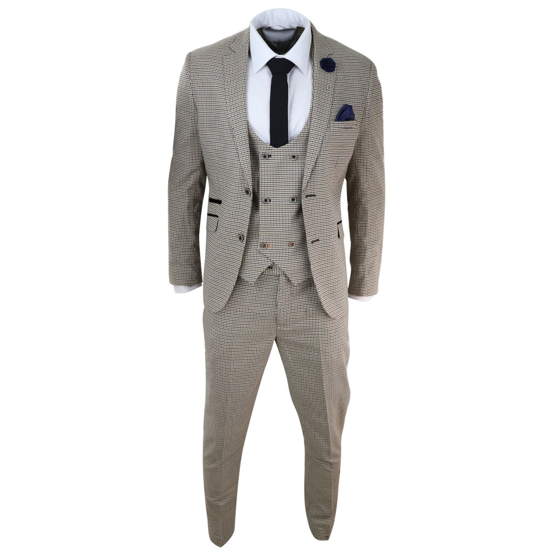 Mens Beige Navy Check Suit Vintage Classic Prince Of Wales Tailored Fit Wedding