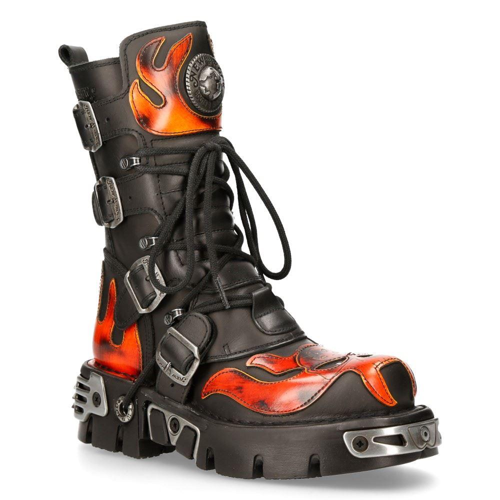 New Rock 107-S1 Red Skull Devil Black Leather Boot Biker Goth Rock Boots - Knighthood Store