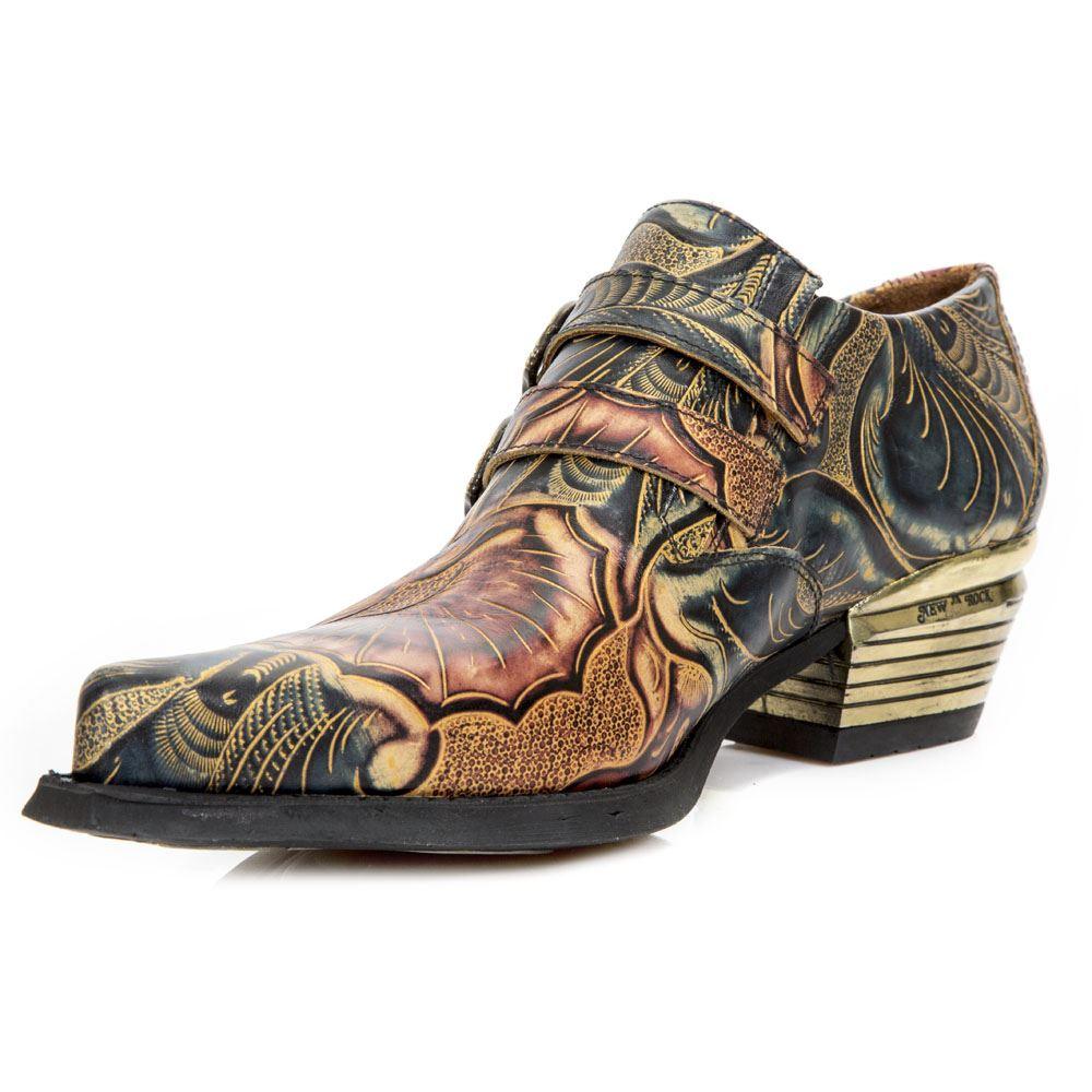 New Rock M-7960-s14 Embossed Vintage Shoes Black Leather Buckle Steel Heel - Knighthood Store