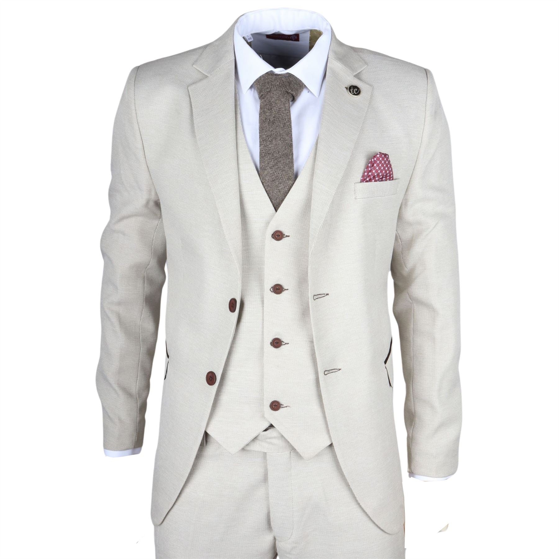 Men's Suit 3 Piece Cream Classic Birdseye Wedding Formal Dress