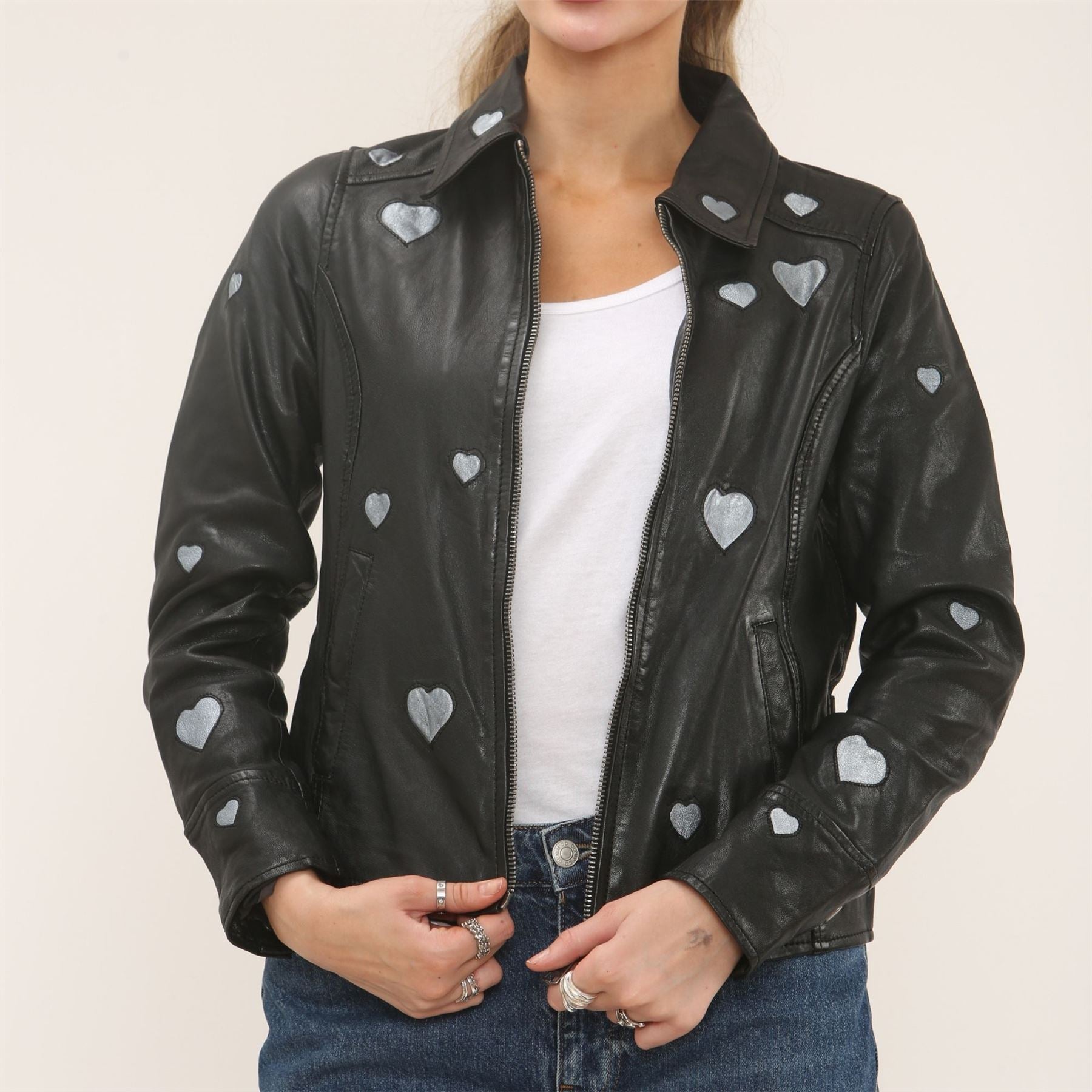 Women's Real Leather Shirt Collar Heart Print Jacket