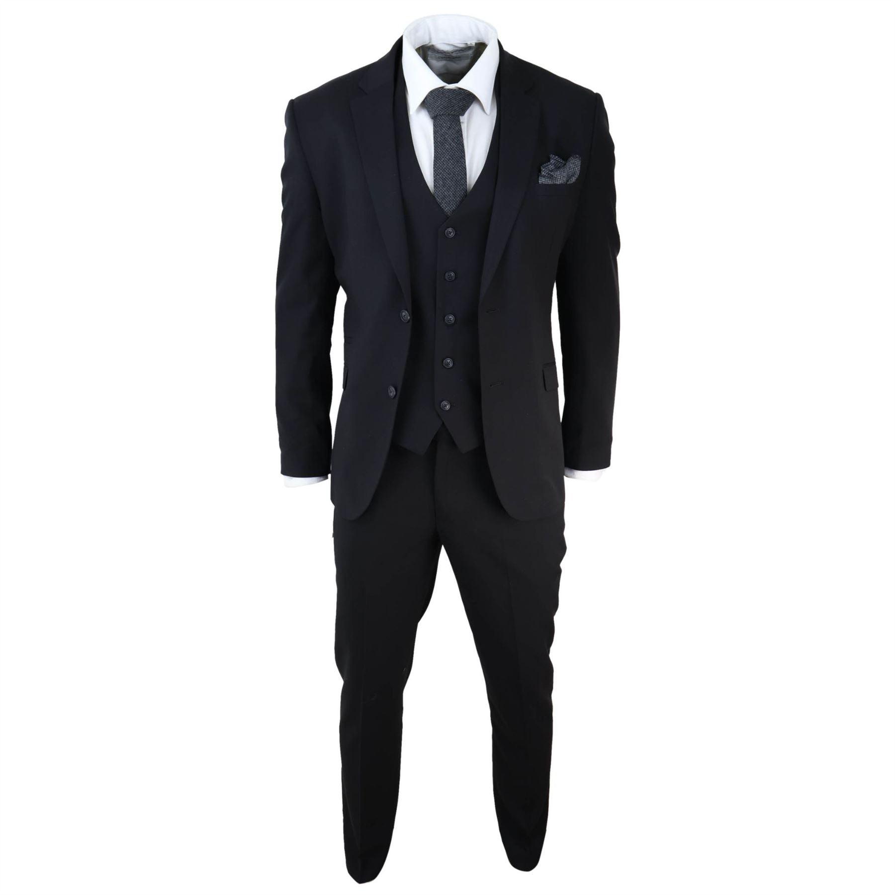 Mens Black 3 Piece Suit Classic Short Regular Long Smart Formal Tailored Fit - Knighthood Store