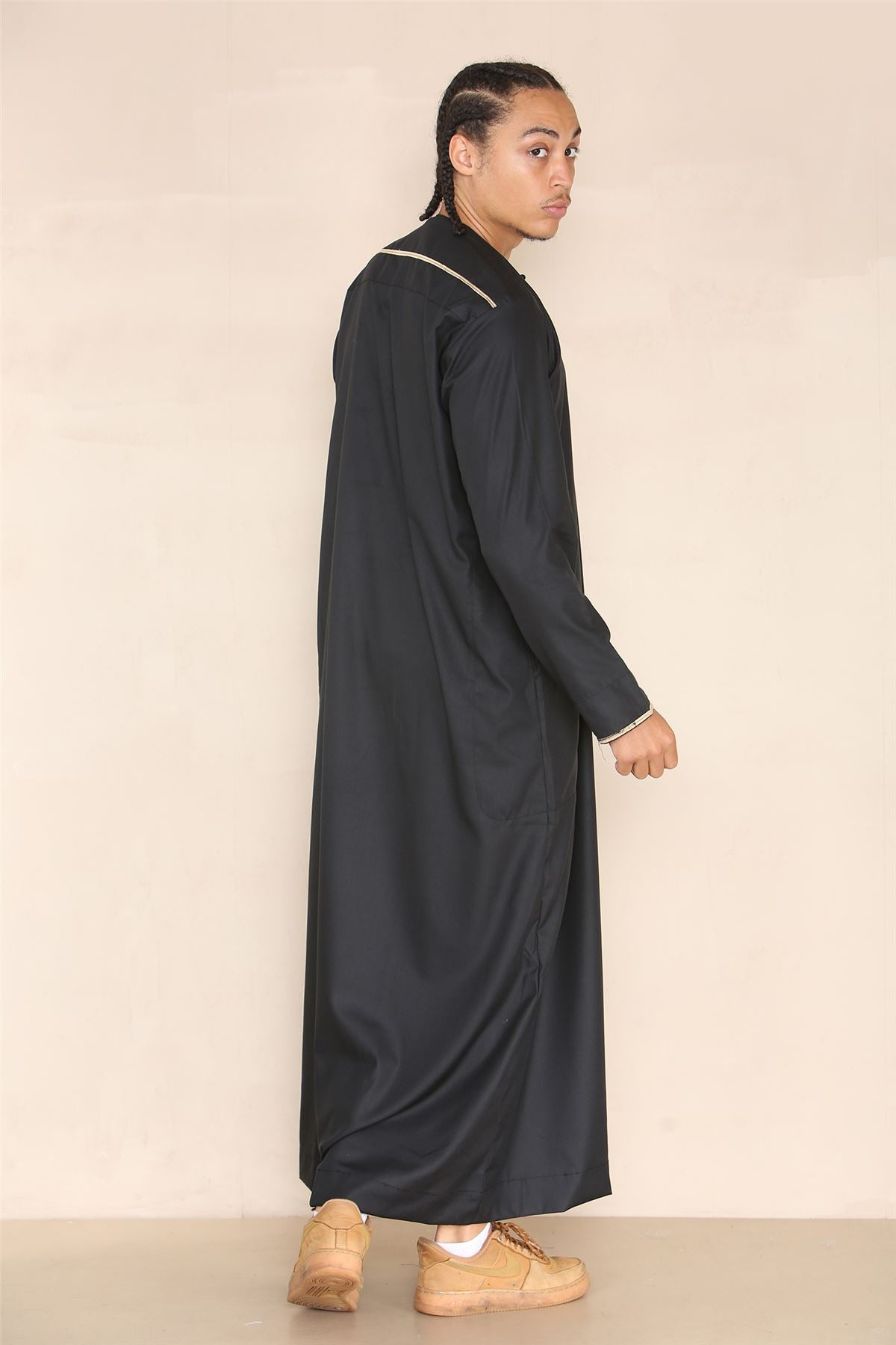 Mens Emirati Omani Thobe Jubba Islamic Clothing Muslim Kaftan Eid Robe Arab String Tassel