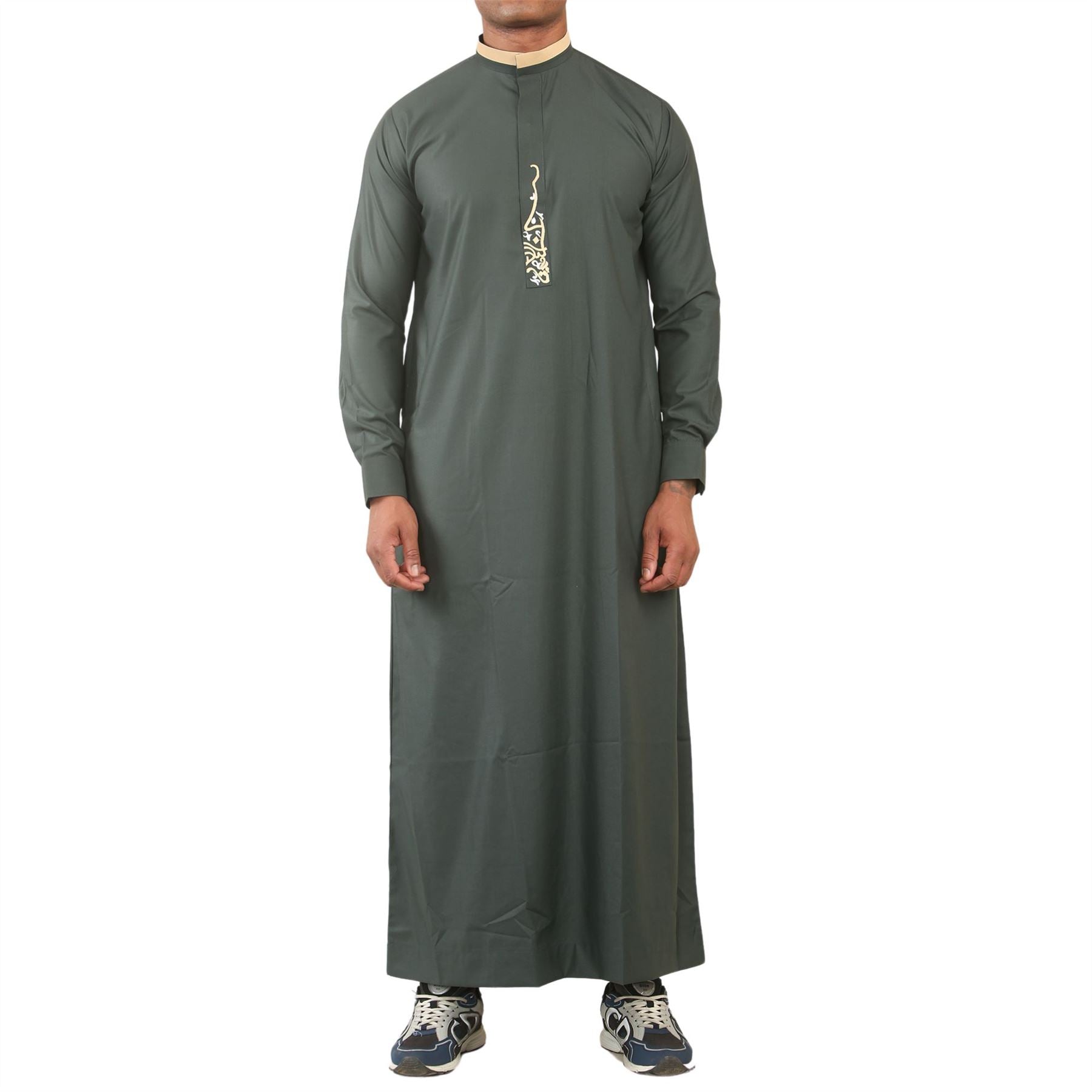 Men's Thobe Jubba Nehru Round Collar Islamic Clothing Muslim Kaftan Embroidery Eid Robe Saudi