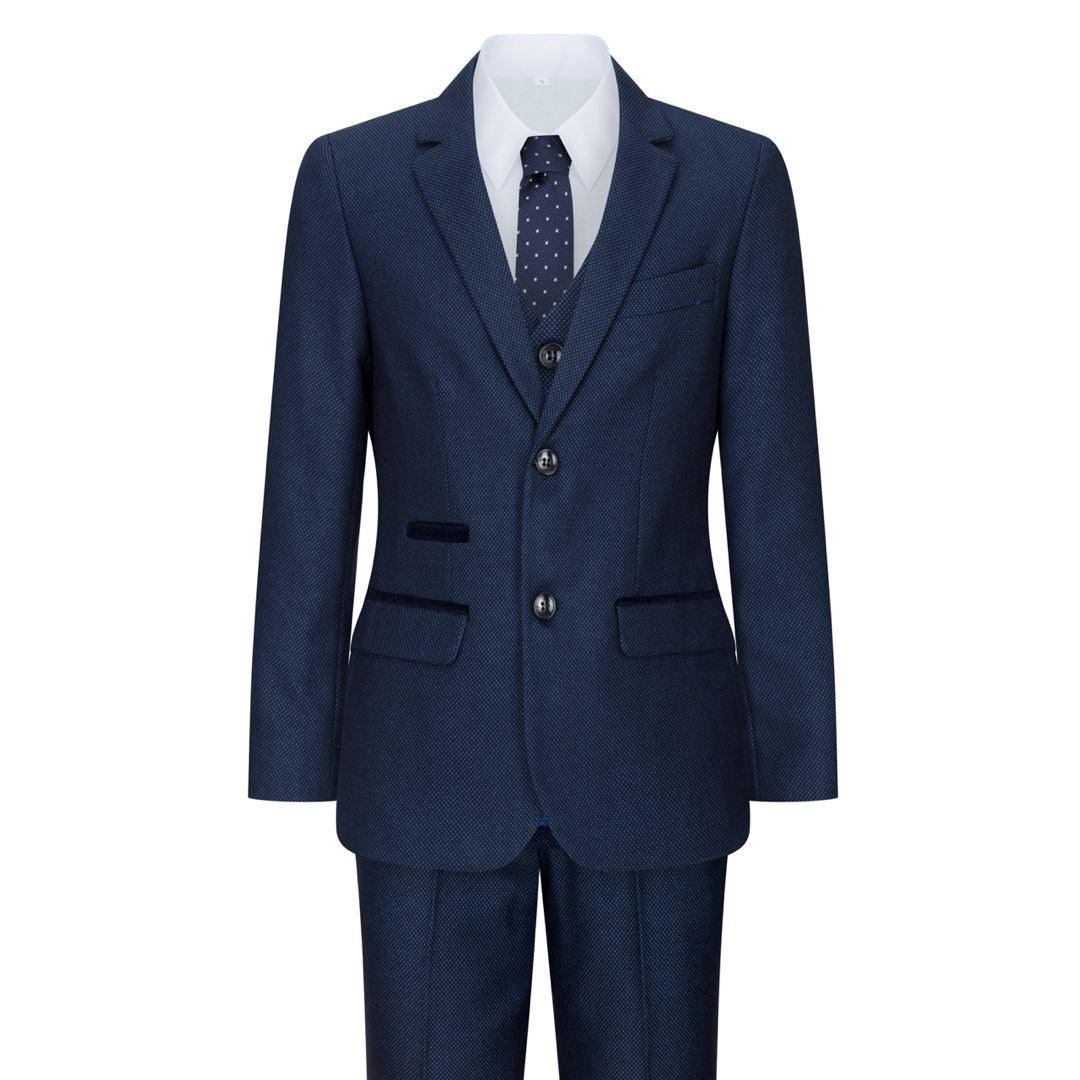 Boys Navy Blue 3 Piece Tweed Birdseye Suit Smart Formal Wedding Classic 1920s - Knighthood Store