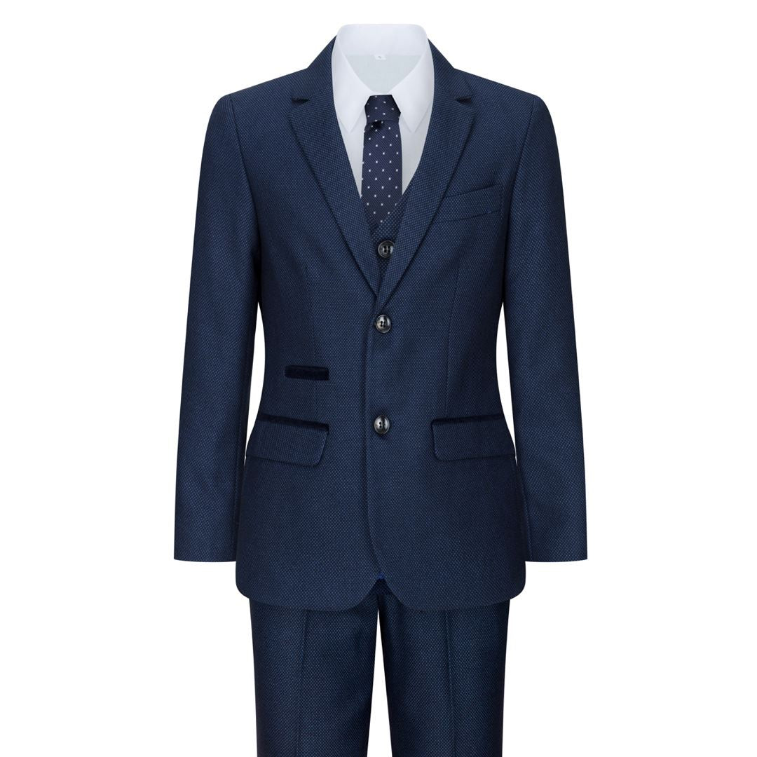 Boys Navy Blue 3 Piece Tweed Birdseye Suit Smart Formal Wedding Classic 1920s