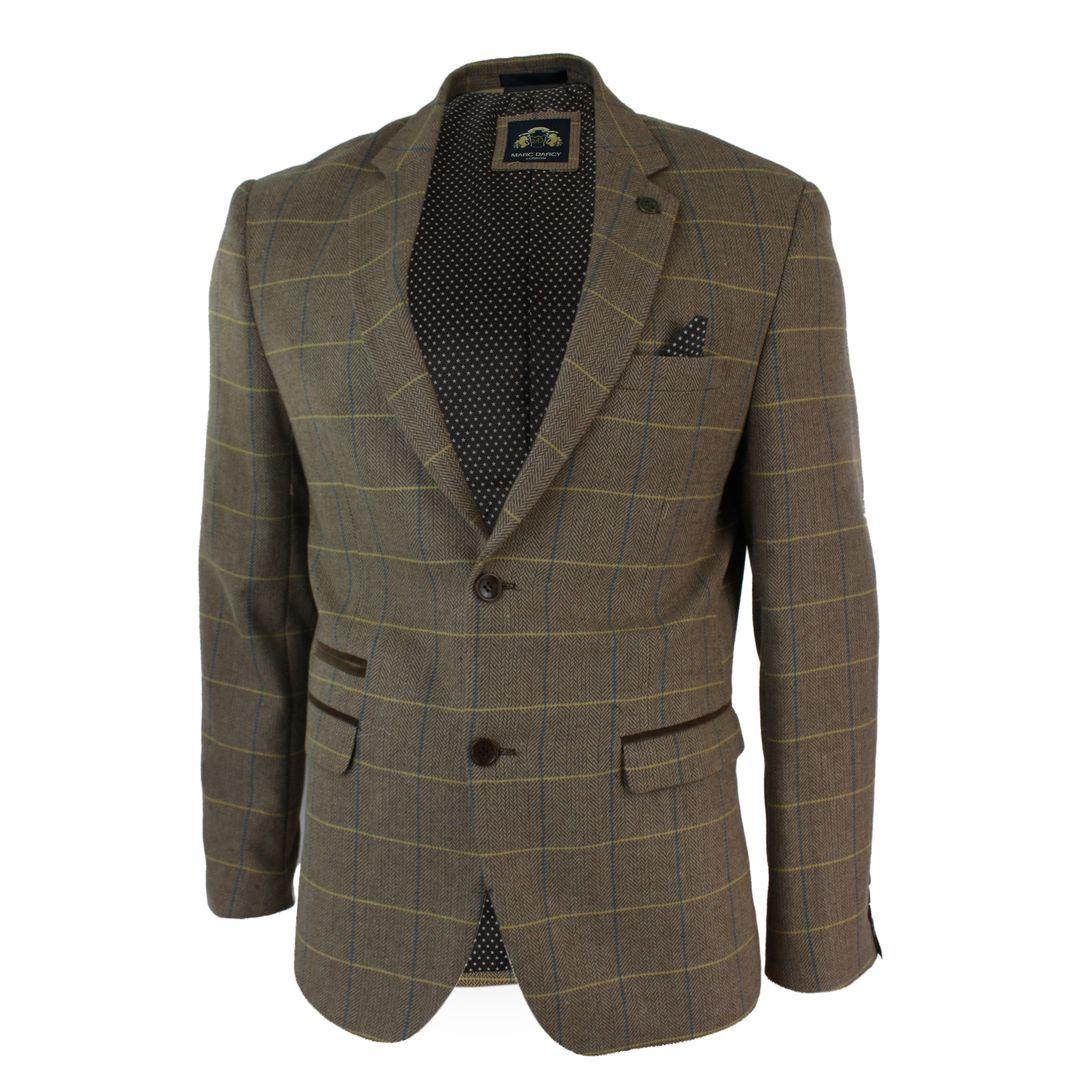 Mens Check Vintage Herringbone Tweed Tan Brown Blazer Jacket Fitted - Knighthood Store