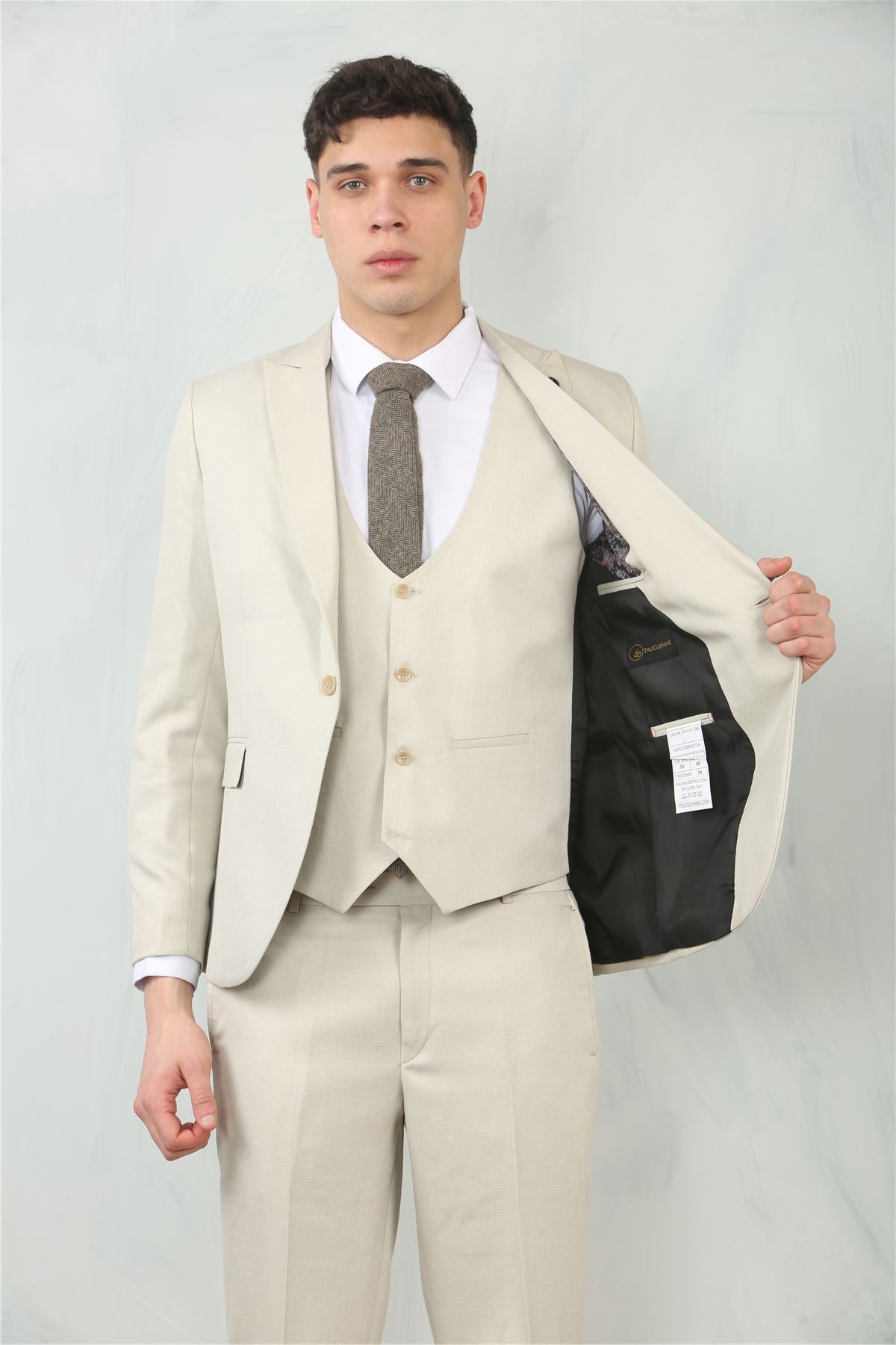 Men's 3 Piece Suit Cream Beige Tailored Fit Wedding Classic Prom Formal Textured