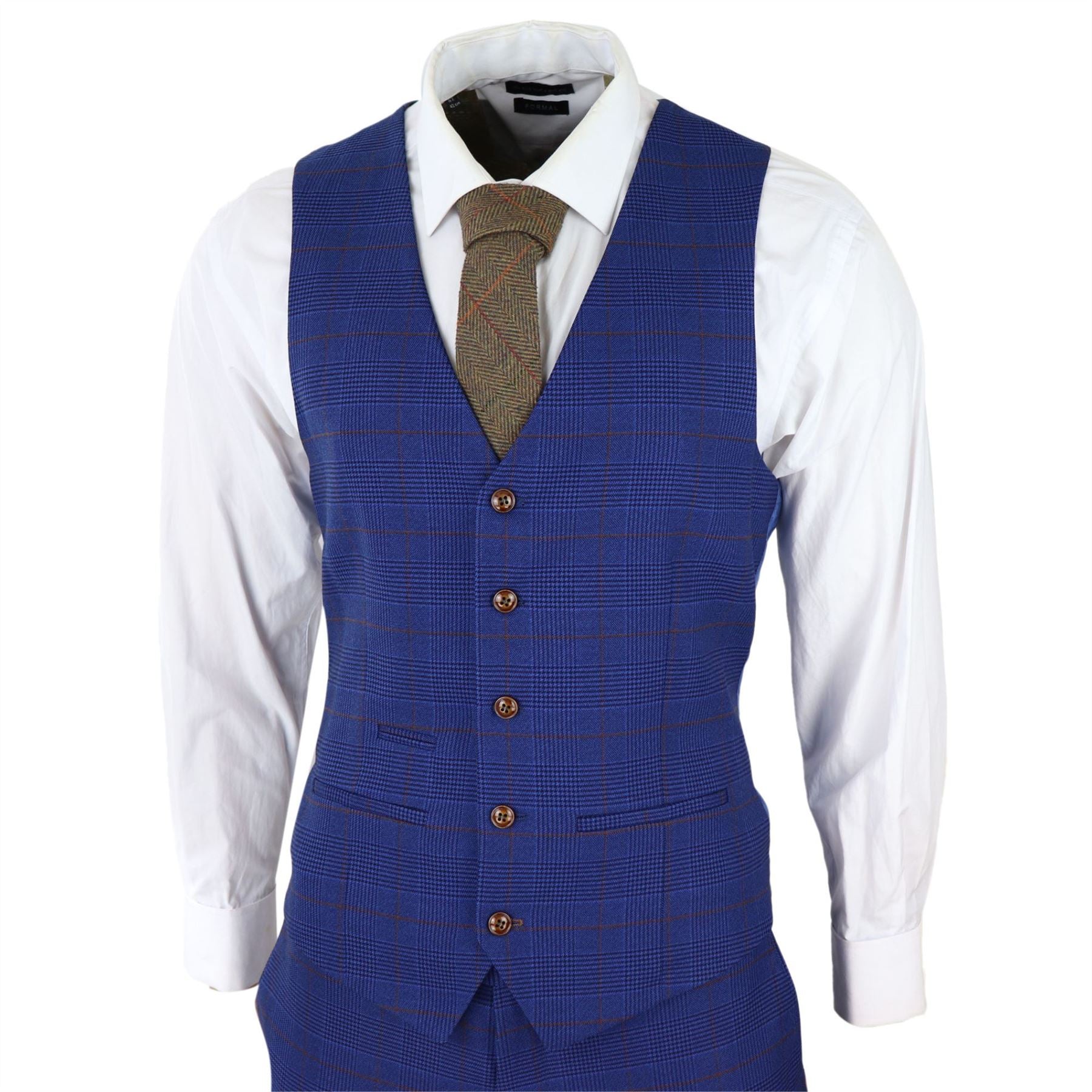 Mens Blue Brown Check 3 Piece Suit Tailored Fit Wedding Prom Races Prince Of Wales