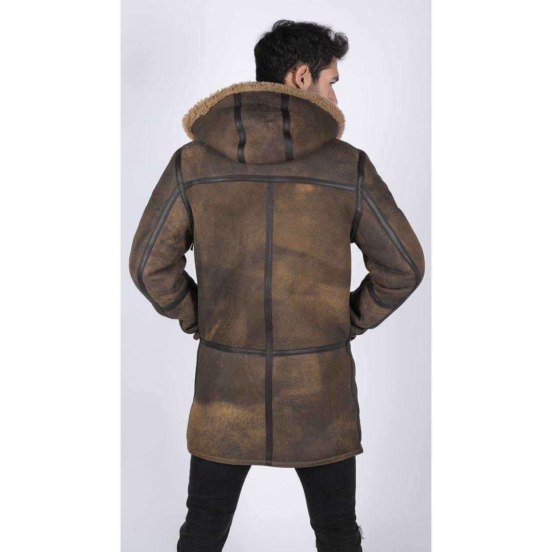 Mens Duffle 3/4 Coat Real Sheepskin Leather Jacket Toggle Classic Retro Brown - Knighthood Store