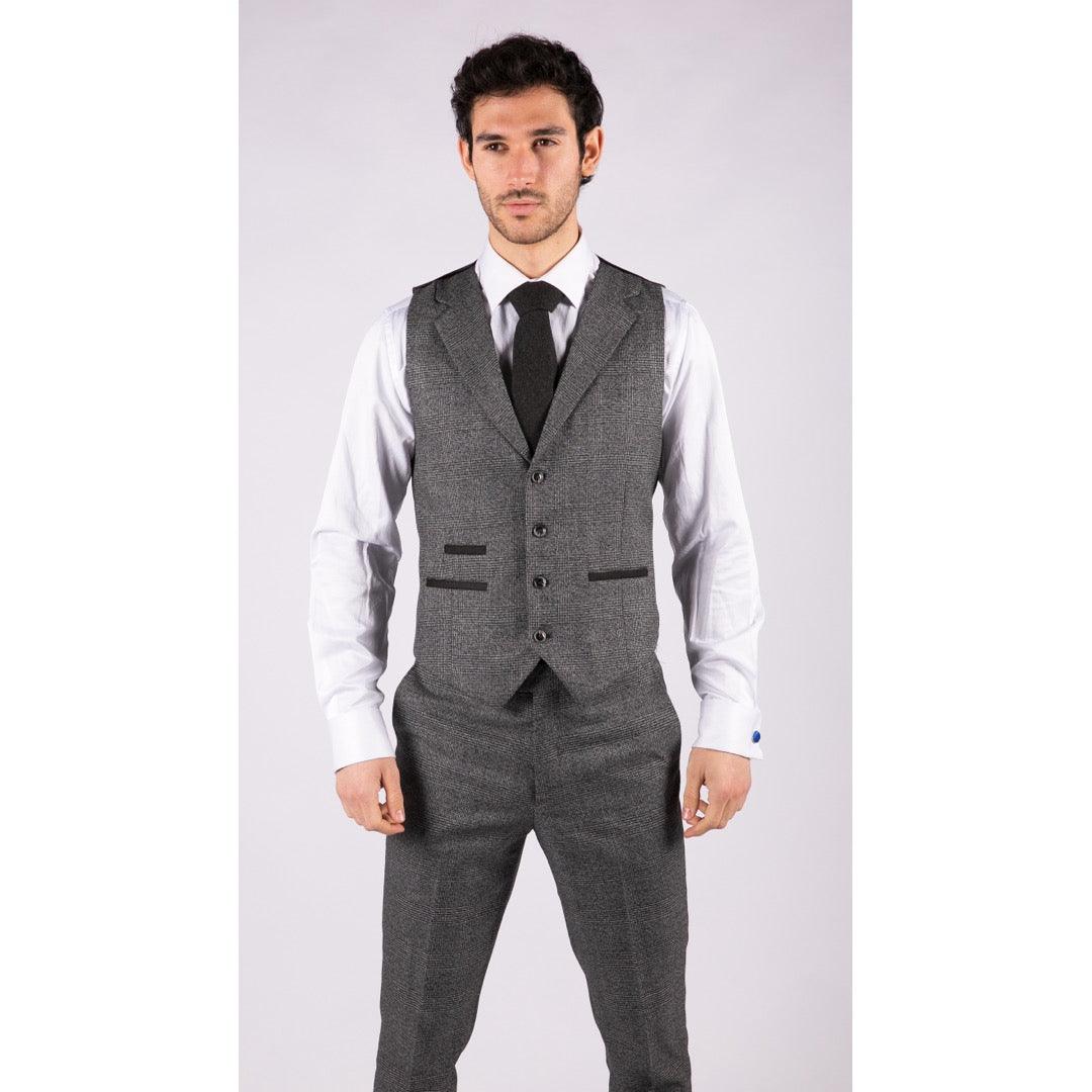 Mens Classic 3 Piece Suit Prince Of Wales Check Grey Tailored Fit Vintage Wedding - Knighthood Store
