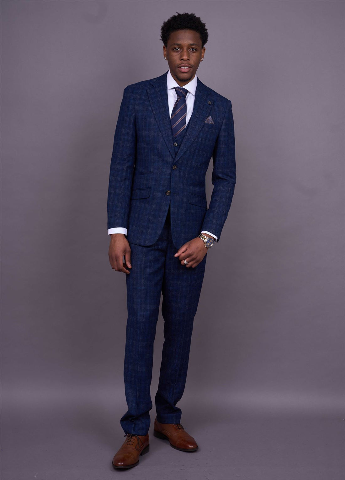 Marcos - Men's Navy Blue Plaid Check Slim Fit 3 Piece Suit