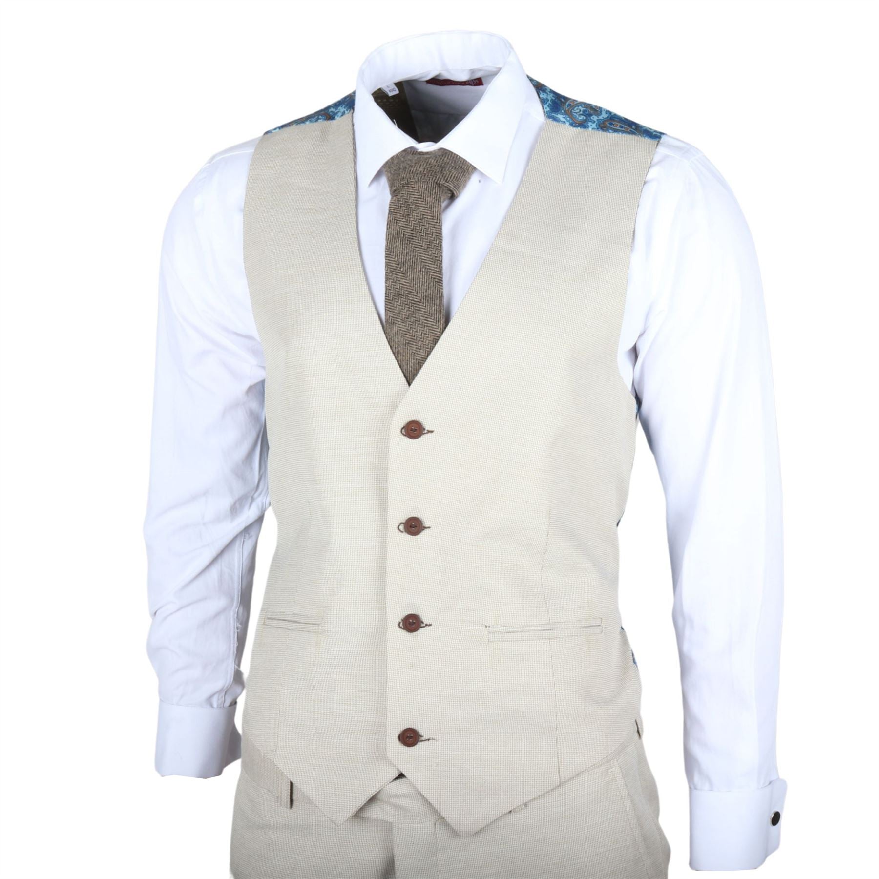 Men's Suit 3 Piece Cream Classic Birdseye Wedding Formal Dress