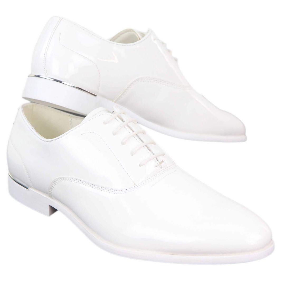 Mens Laced Shoes Shiny Patent Italian Design Silver Metal Classic Smart Formal - Knighthood Store