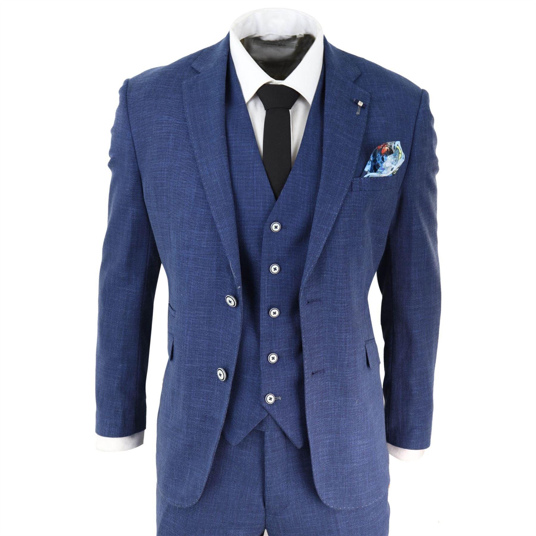 Mens 3 Piece Suit Blue Summer Linen Tailored Fit Wedding Prom Classic - Knighthood Store