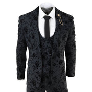 Mens Black 3 Piece Suit Paisley Velvet Wedding Grrom Best Man Tailored Fit