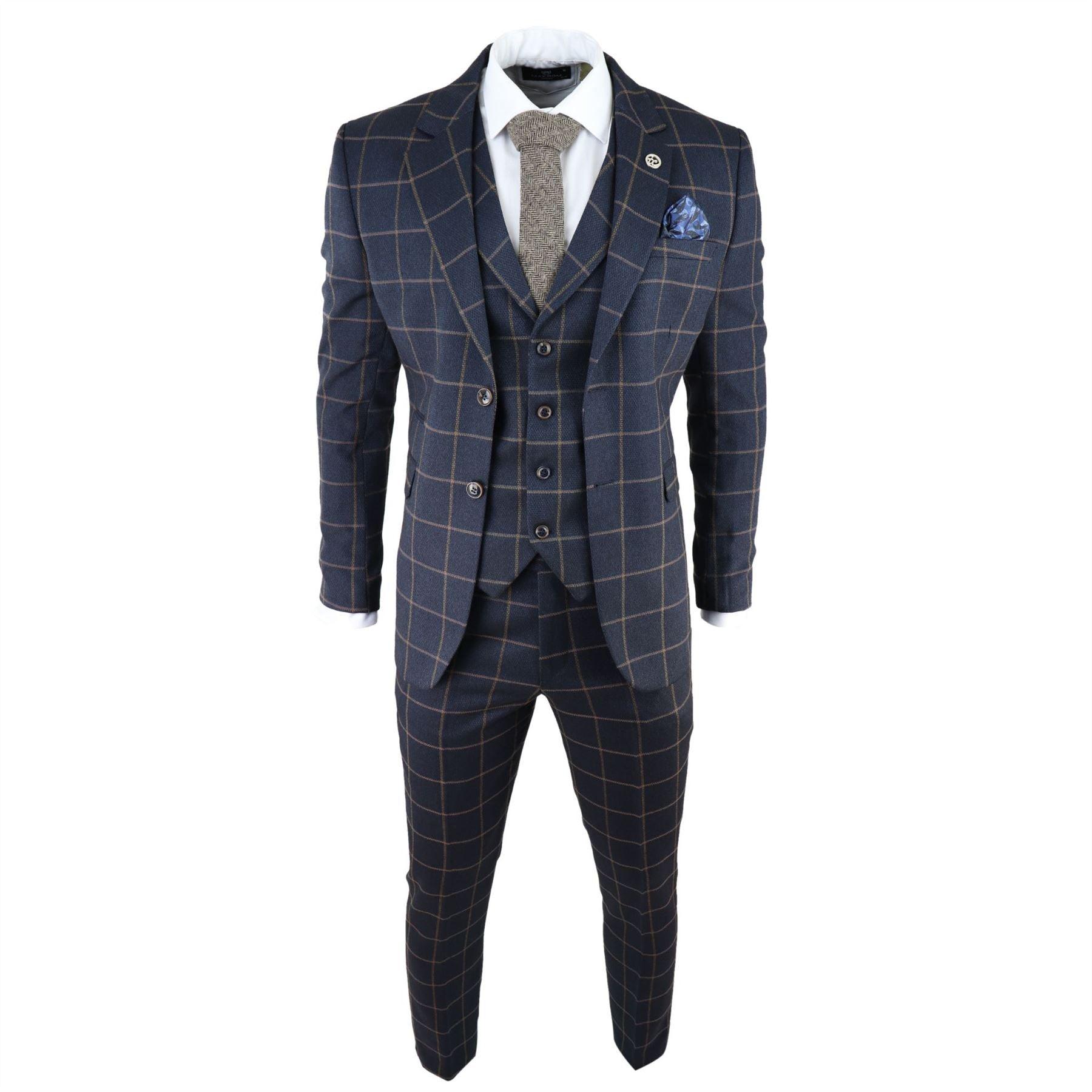 Mens Herringbone Tweed Navy Blue Check 3 Piece Wool Suit Tan - Knighthood Store