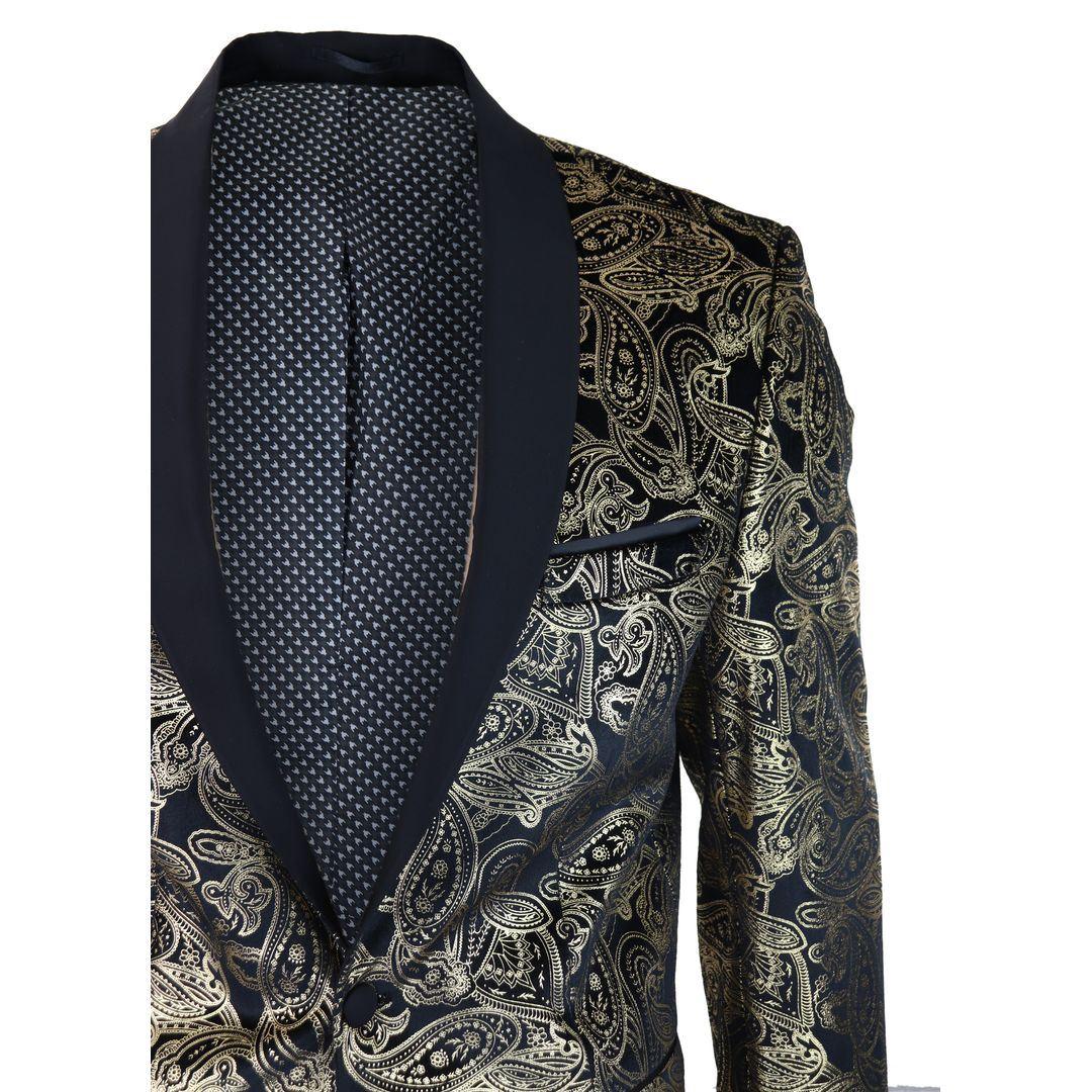 Mens Velvet Paisley Floral Blazer Black Gold Silver Tuxedo Jacket Dinner Suit Tux - Knighthood Store